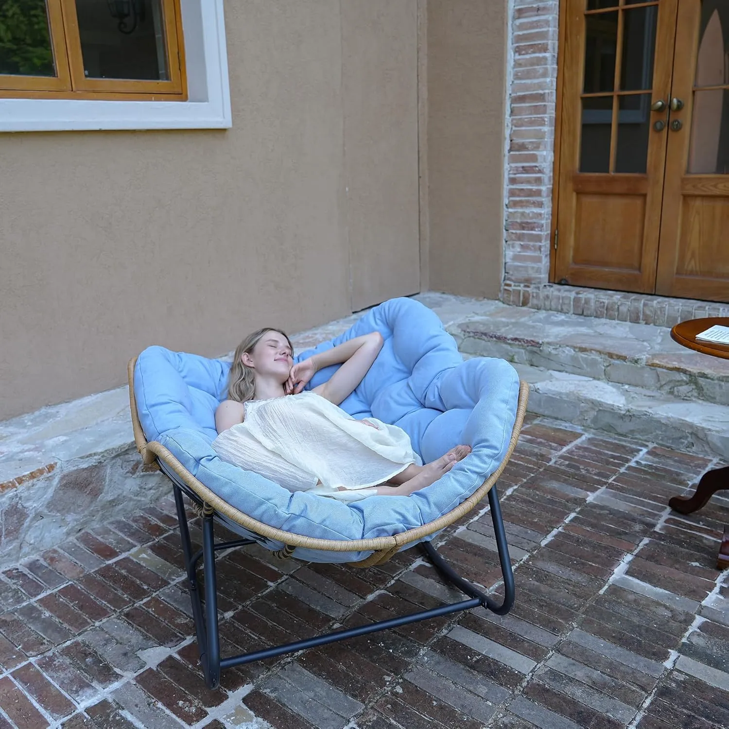 SWITTE Outdoor & Indoor Rocking Chair - Rattan Wicker Lounge Chair for Bedroom, Living Room, Porch, Garden, Lawn - Blue