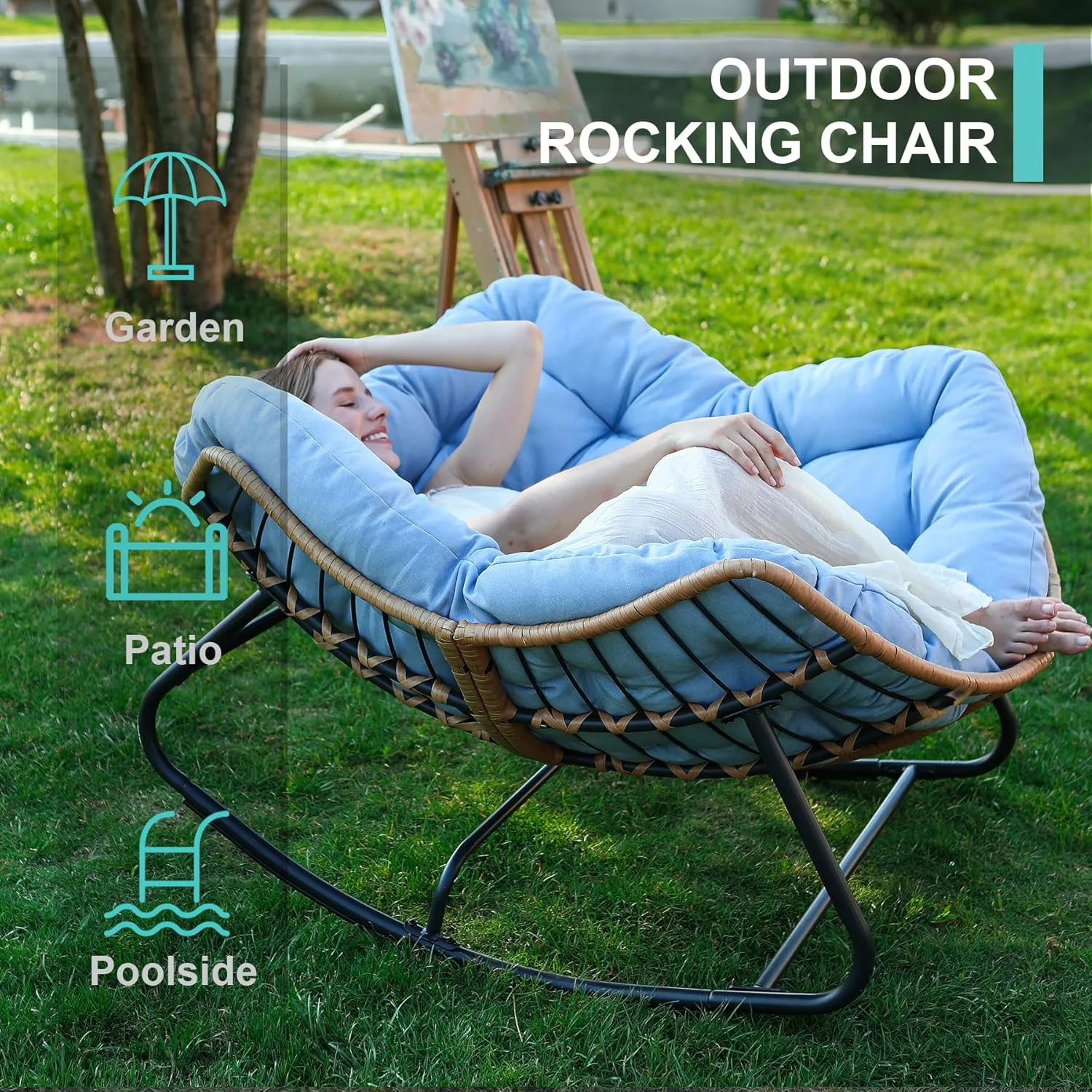 SWITTE Outdoor & Indoor Rocking Chair - Rattan Wicker Lounge Chair for Bedroom, Living Room, Porch, Garden, Lawn - Blue