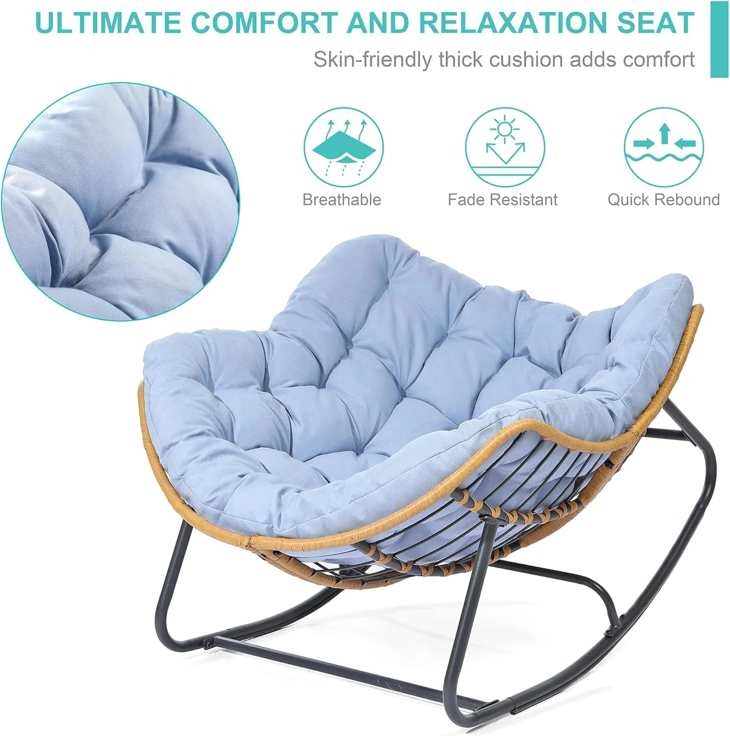 SWITTE Outdoor & Indoor Rocking Chair - Rattan Wicker Lounge Chair for Bedroom, Living Room, Porch, Garden, Lawn - Blue