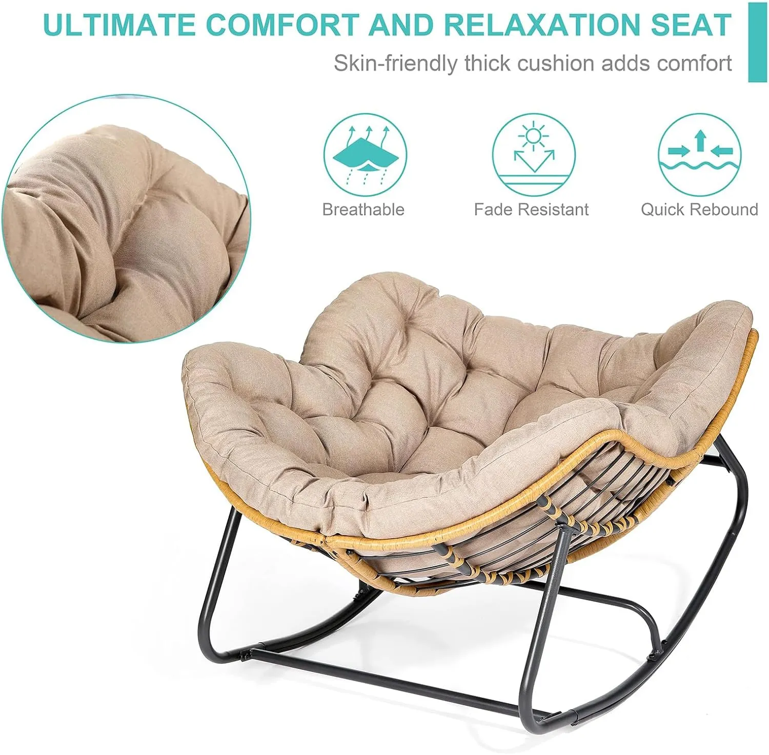 SWITTE Outdoor Patio Rocking Chair - Indoor Papasan & Lounge Rattan Wicker Modern Royal Chair for Bedroom, Living Room, Porch, Garden, Lawn - Beige