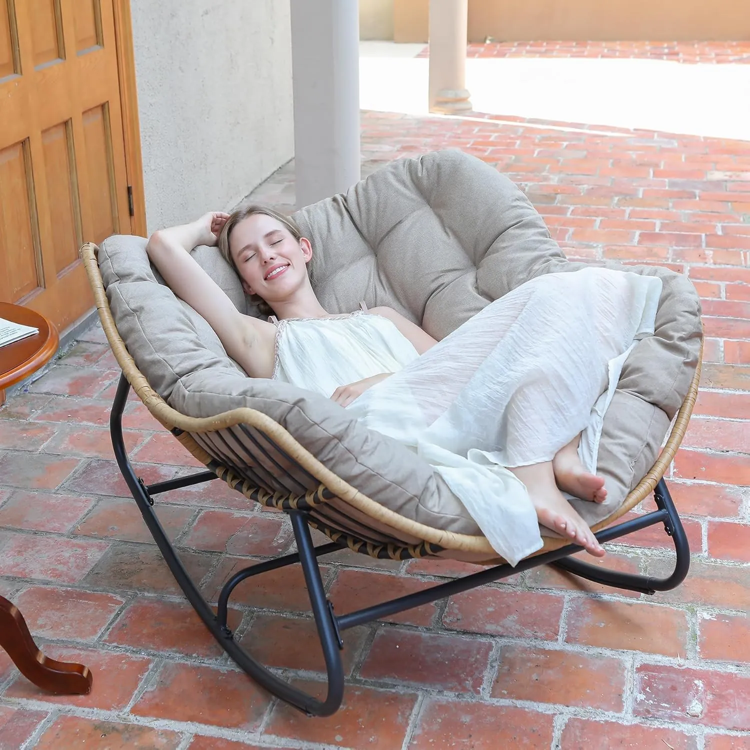 SWITTE Outdoor Patio Rocking Chair - Indoor Papasan & Lounge Rattan Wicker Modern Royal Chair for Bedroom, Living Room, Porch, Garden, Lawn - Beige