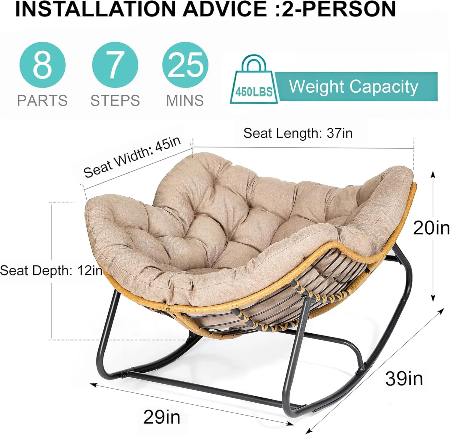 SWITTE Outdoor Patio Rocking Chair - Indoor Papasan & Lounge Rattan Wicker Modern Royal Chair for Bedroom, Living Room, Porch, Garden, Lawn - Beige
