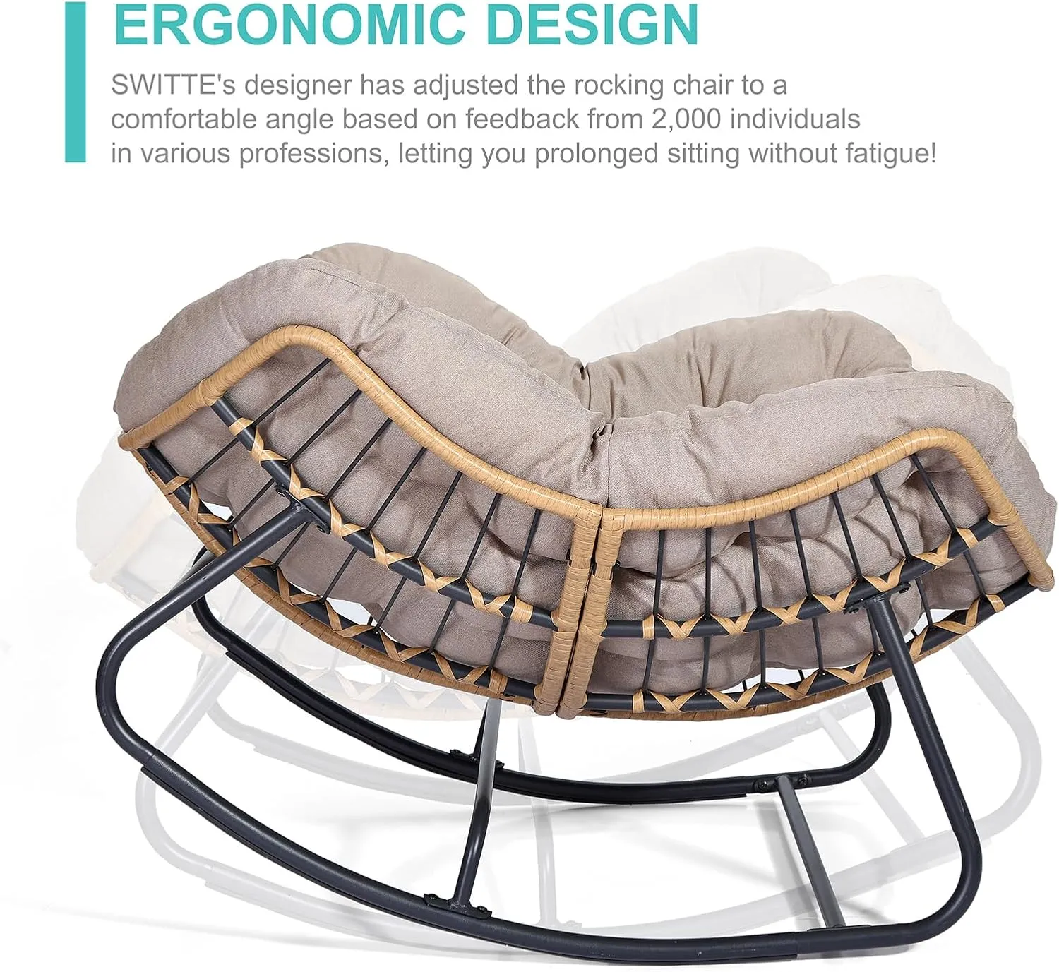 SWITTE Outdoor Patio Rocking Chair - Indoor Papasan & Lounge Rattan Wicker Modern Royal Chair for Bedroom, Living Room, Porch, Garden, Lawn - Beige