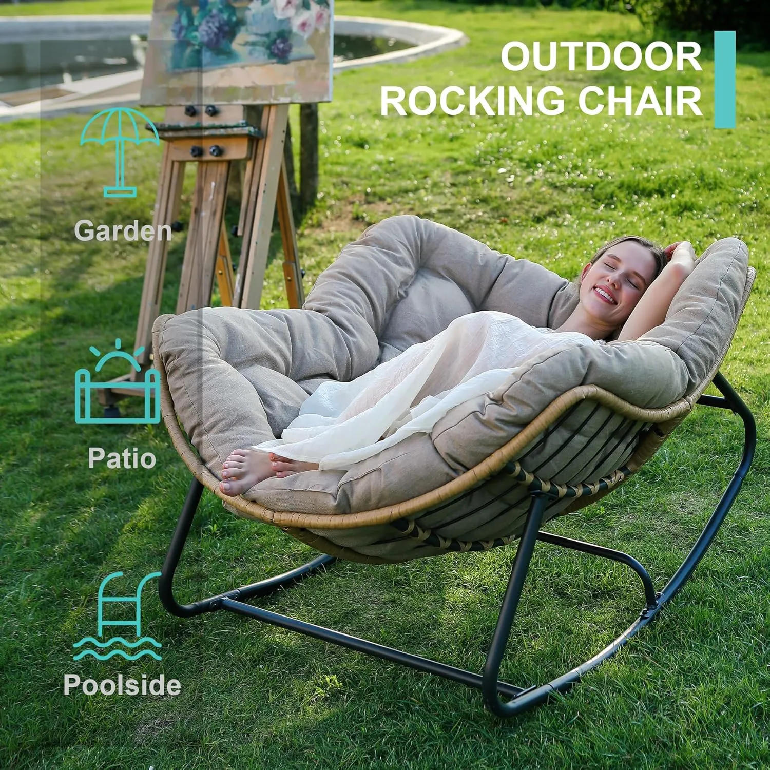 SWITTE Outdoor Patio Rocking Chair - Indoor Papasan & Lounge Rattan Wicker Modern Royal Chair for Bedroom, Living Room, Porch, Garden, Lawn - Beige