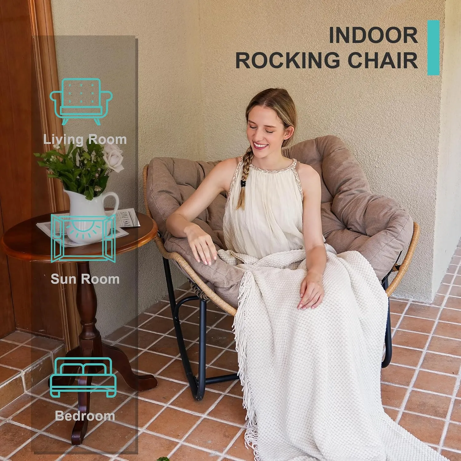 SWITTE Outdoor Patio Rocking Chair - Indoor Papasan & Lounge Rattan Wicker Modern Royal Chair for Bedroom, Living Room, Porch, Garden, Lawn - Beige