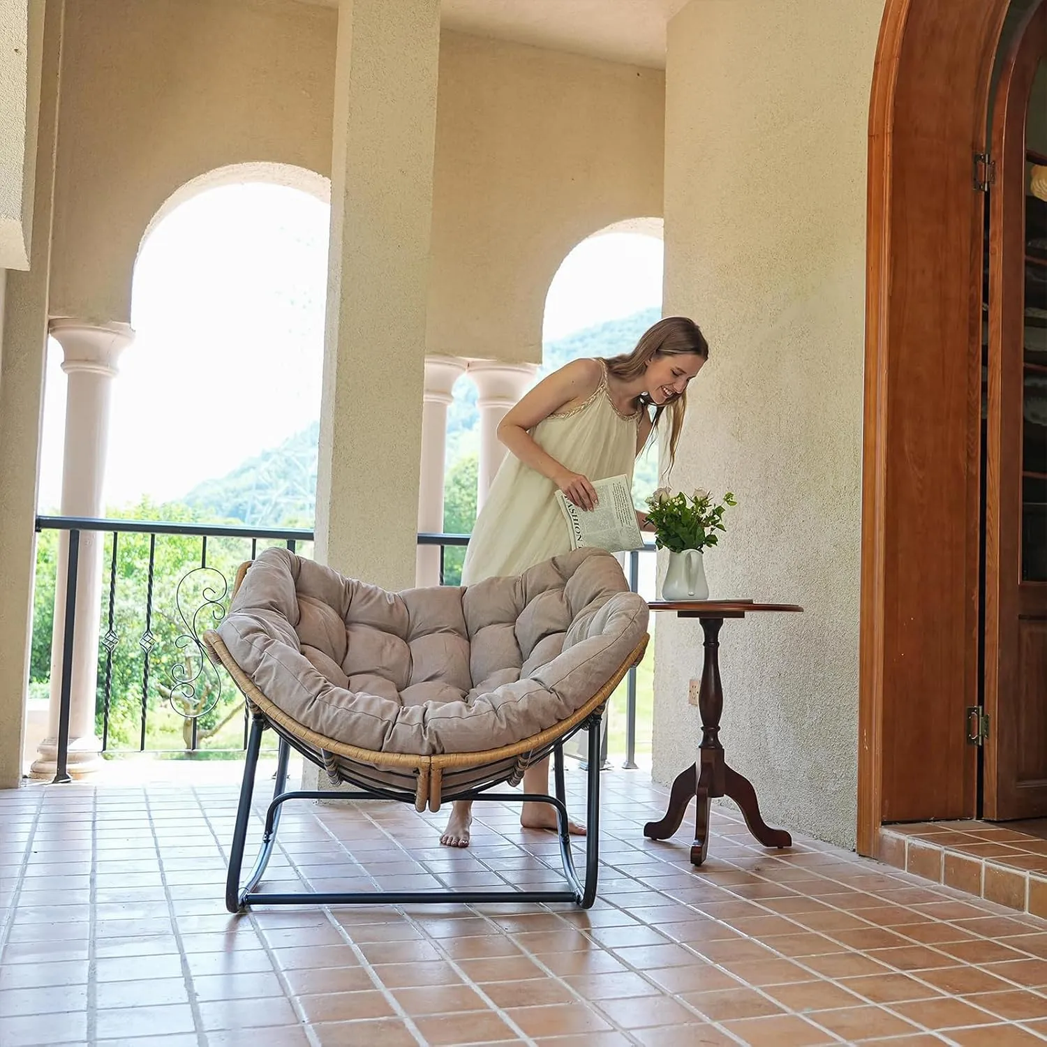 SWITTE Outdoor Patio Rocking Chair - Indoor Papasan & Lounge Rattan Wicker Modern Royal Chair for Bedroom, Living Room, Porch, Garden, Lawn - Beige