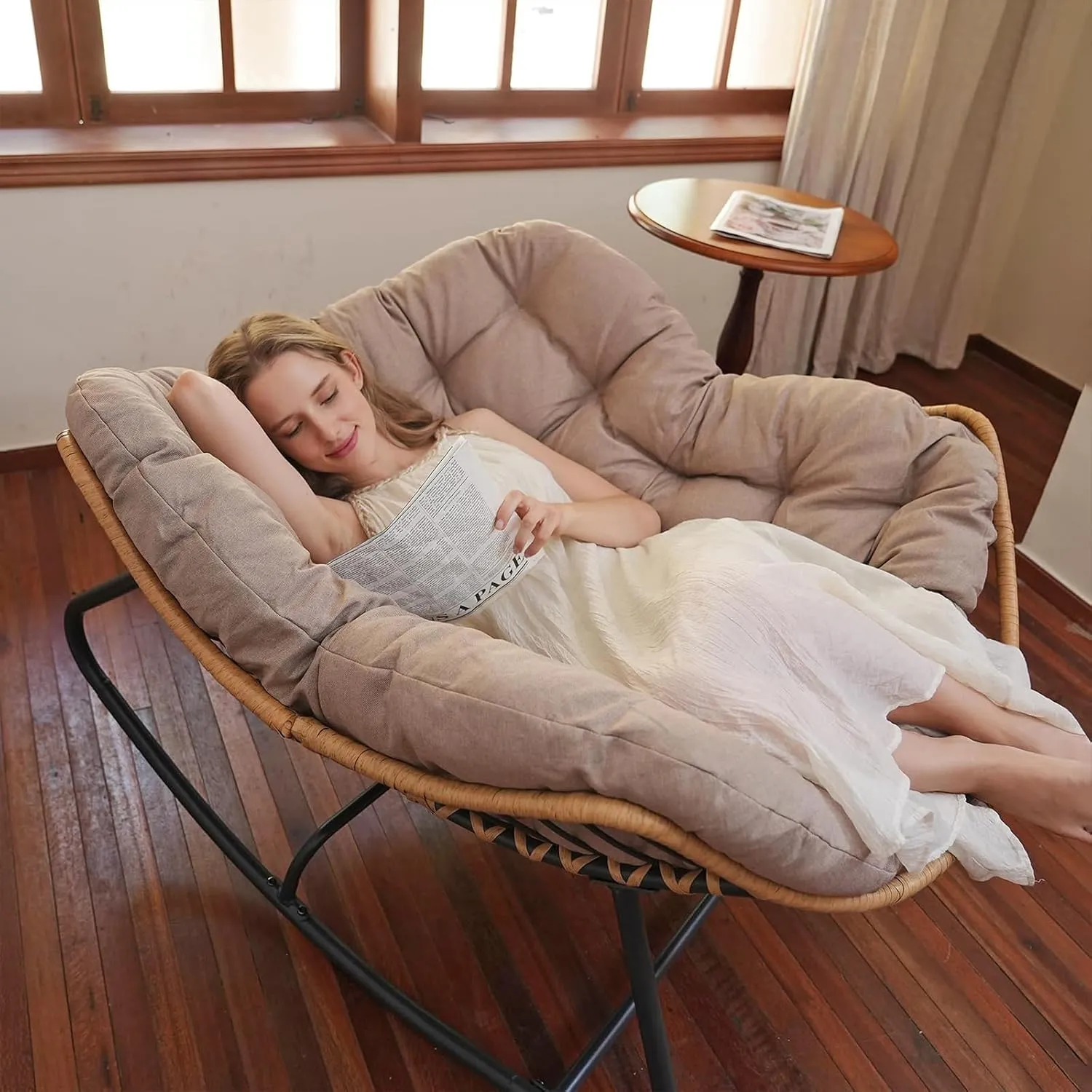 SWITTE Outdoor Patio Rocking Chair - Indoor Papasan & Lounge Rattan Wicker Modern Royal Chair for Bedroom, Living Room, Porch, Garden, Lawn - Beige
