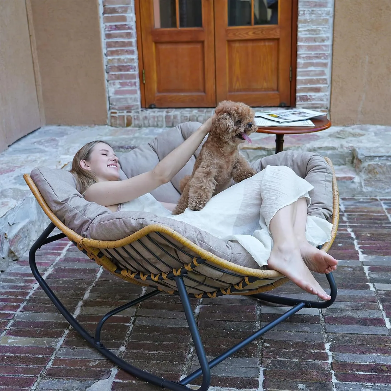SWITTE Outdoor Patio Rocking Chair - Indoor Papasan & Lounge Rattan Wicker Modern Royal Chair for Bedroom, Living Room, Porch, Garden, Lawn - Beige