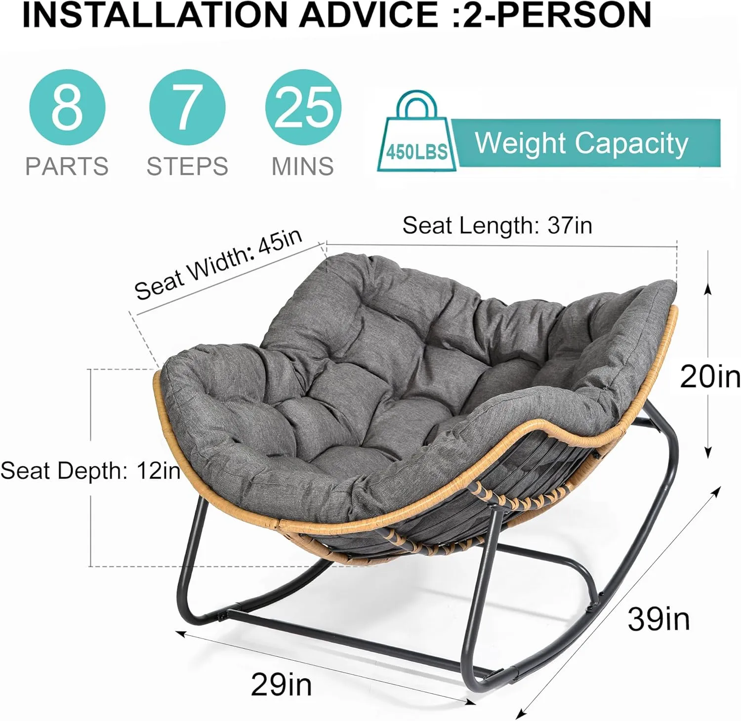 SWITTE Outdoor Rocking Egg Chair, Indoor Papasan, Rattan Wicker Lounge, Modern Royal for Bedroom, Living Room, Porch, Garden, Lawn - Dark Grey