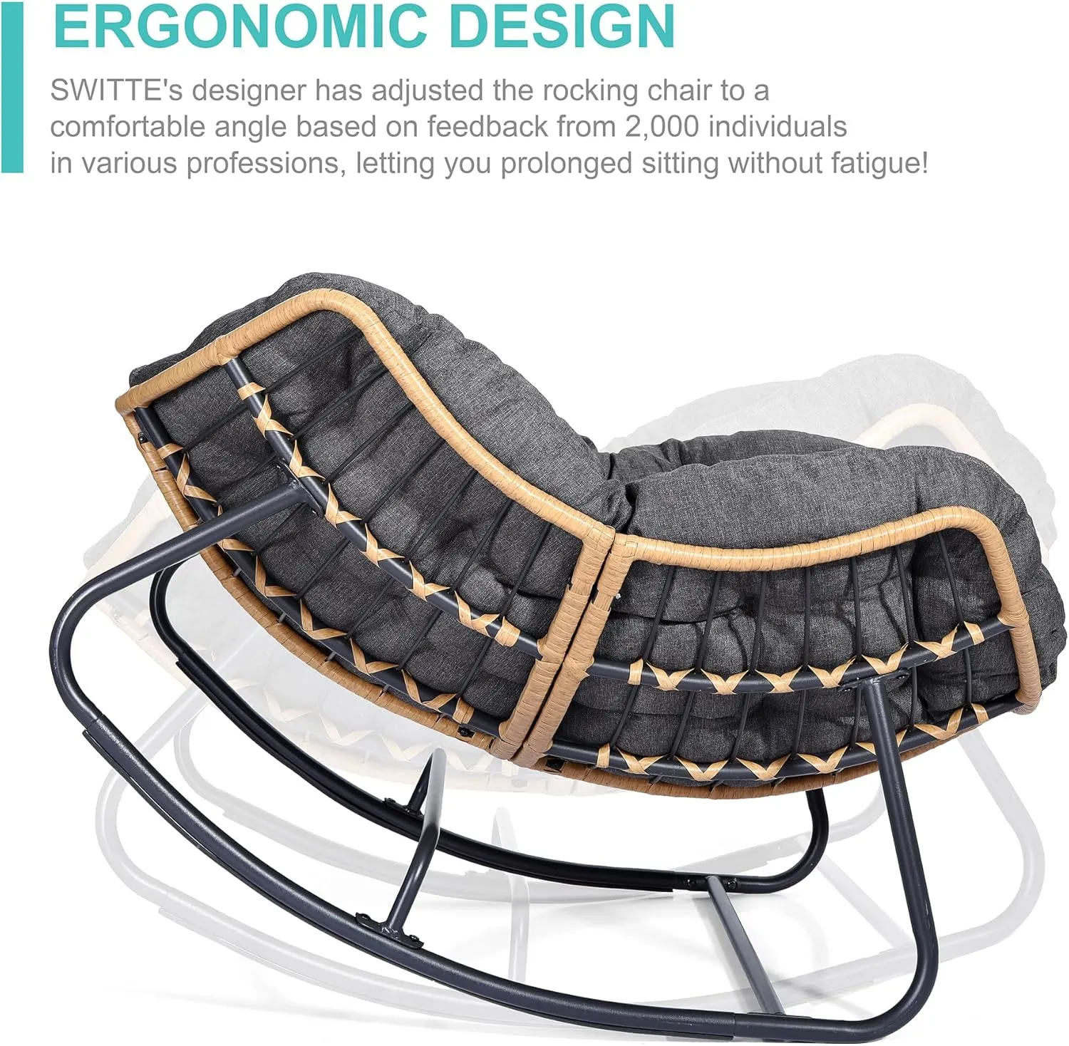 SWITTE Outdoor Rocking Egg Chair, Indoor Papasan, Rattan Wicker Lounge, Modern Royal for Bedroom, Living Room, Porch, Garden, Lawn - Dark Grey
