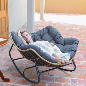 SWITTE Outdoor Rocking Egg Chair, Indoor Papasan, Rattan Wicker Lounge, Modern Royal for Bedroom, Living Room, Porch, Garden, Lawn - Dark Grey