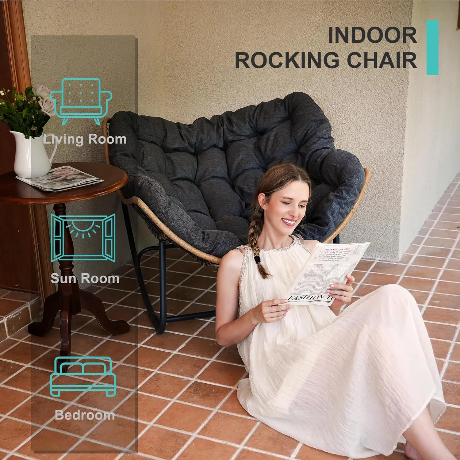 SWITTE Outdoor Rocking Egg Chair, Indoor Papasan, Rattan Wicker Lounge, Modern Royal for Bedroom, Living Room, Porch, Garden, Lawn - Dark Grey