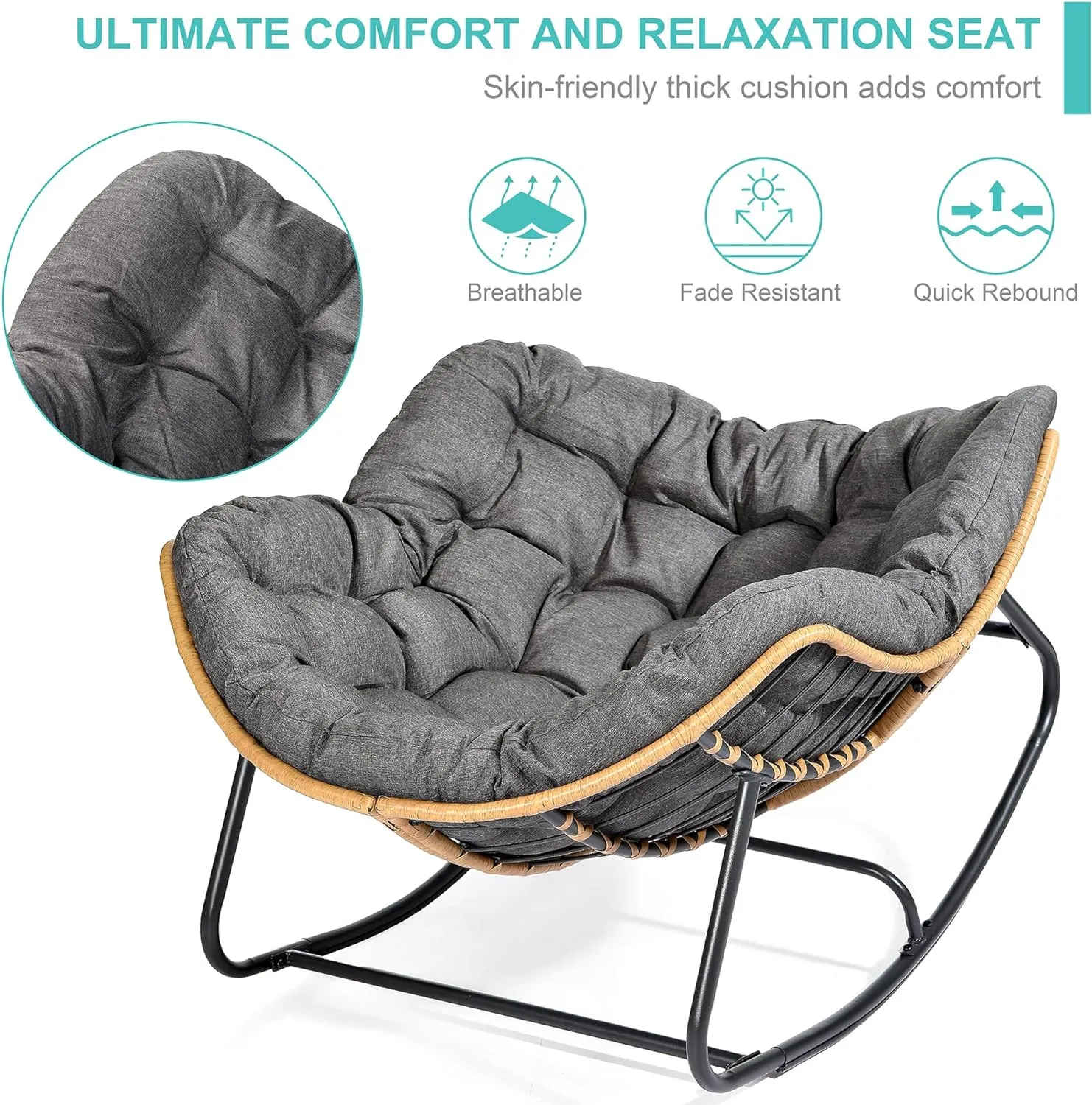 SWITTE Outdoor Rocking Egg Chair, Indoor Papasan, Rattan Wicker Lounge, Modern Royal for Bedroom, Living Room, Porch, Garden, Lawn - Dark Grey