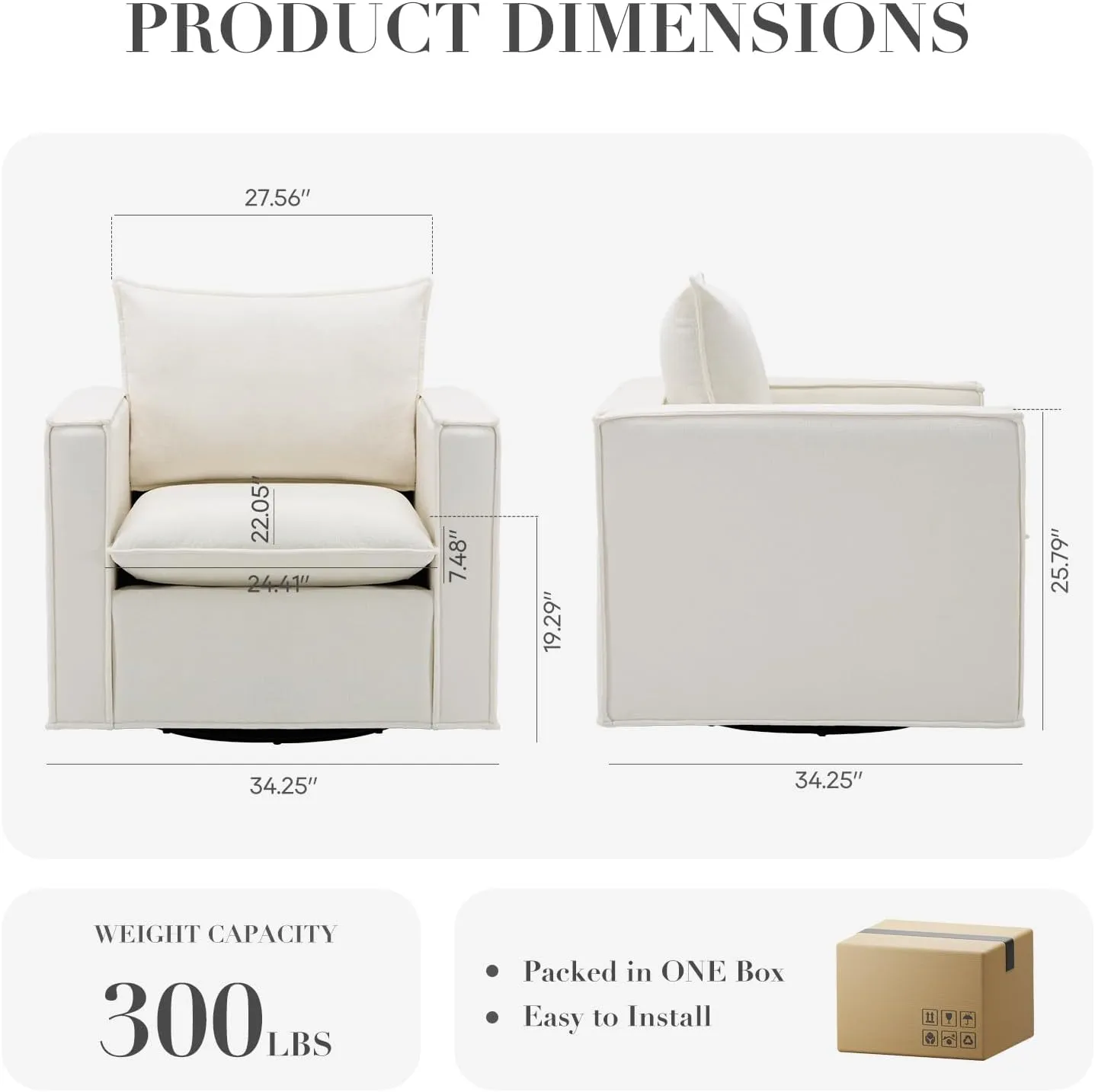 Swivel Accent Chair, 34 Inches Wide Upholstered Arm Chair with Plump Back Pillow, Modern Sofa Living Room Chair for Bedroom, Corner, Reading Nook-Beige
