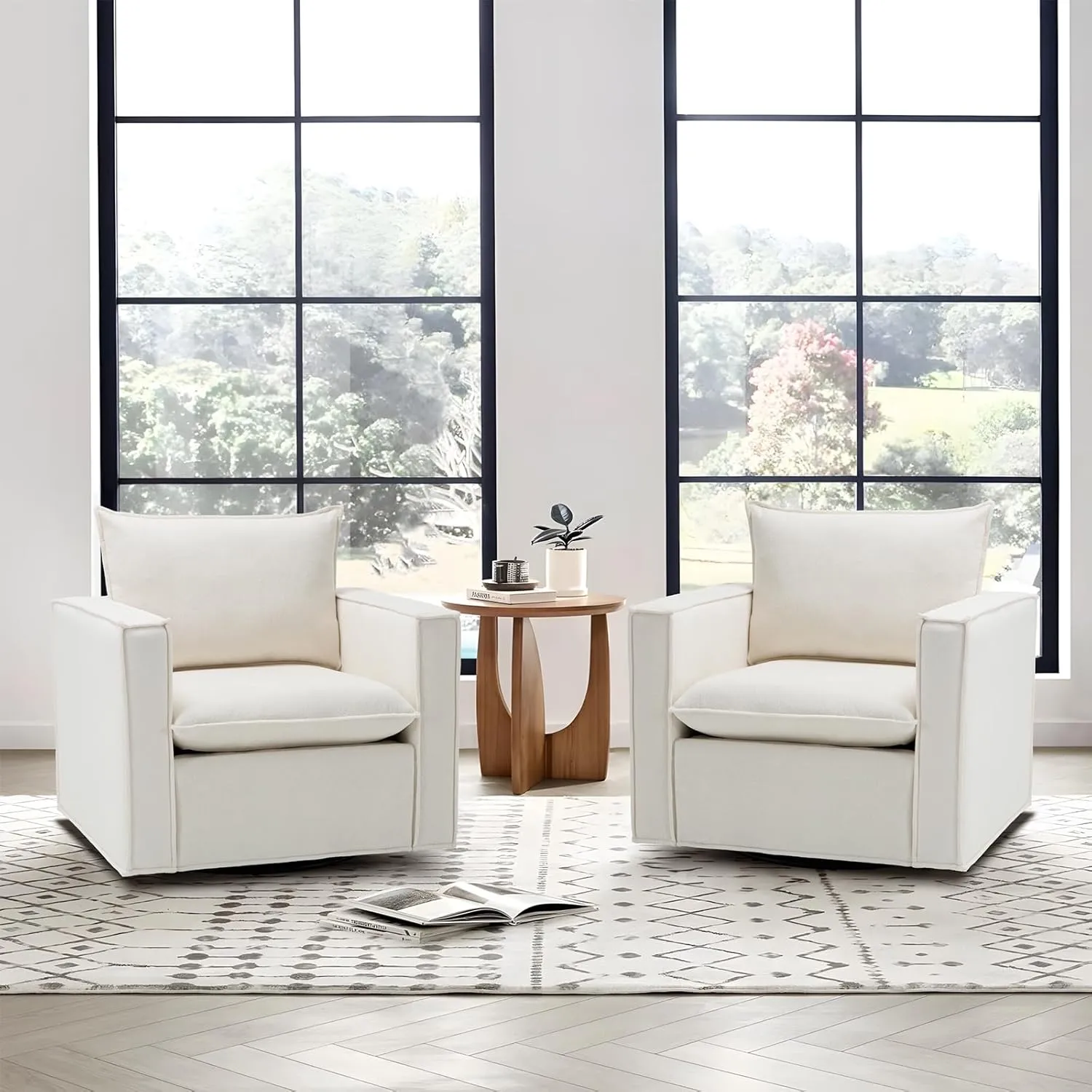 Swivel Accent Chair, 34 Inches Wide Upholstered Arm Chair with Plump Back Pillow, Modern Sofa Living Room Chair for Bedroom, Corner, Reading Nook-Beige