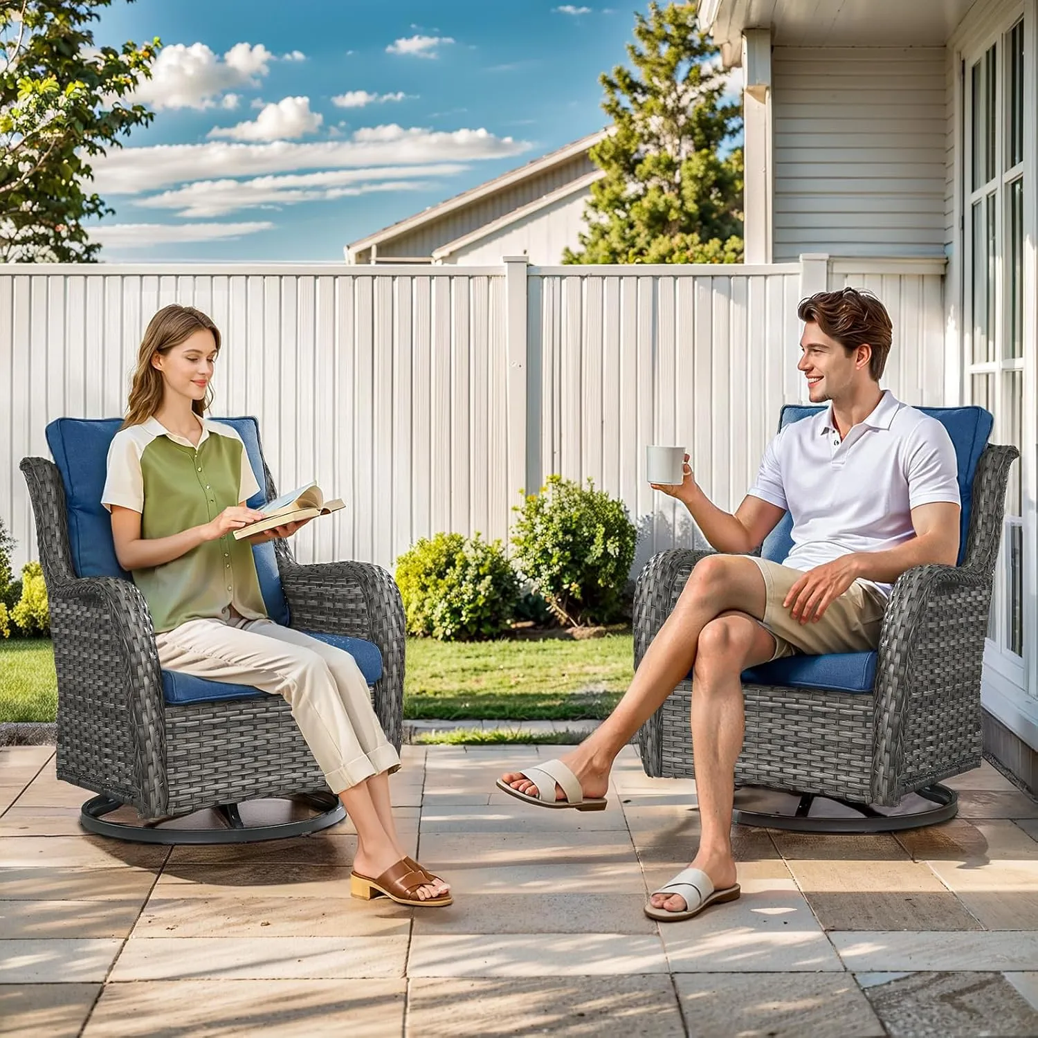 Swivel Patio Chairs Set of 2 with 5" Thick Cushion - Wicker Outdoor Swivel Rocker Patio Chairs, High Back Comfortable Outdoor Glider Chair for Balcony, Porch, Deck, Poolside - Gray/Blue
