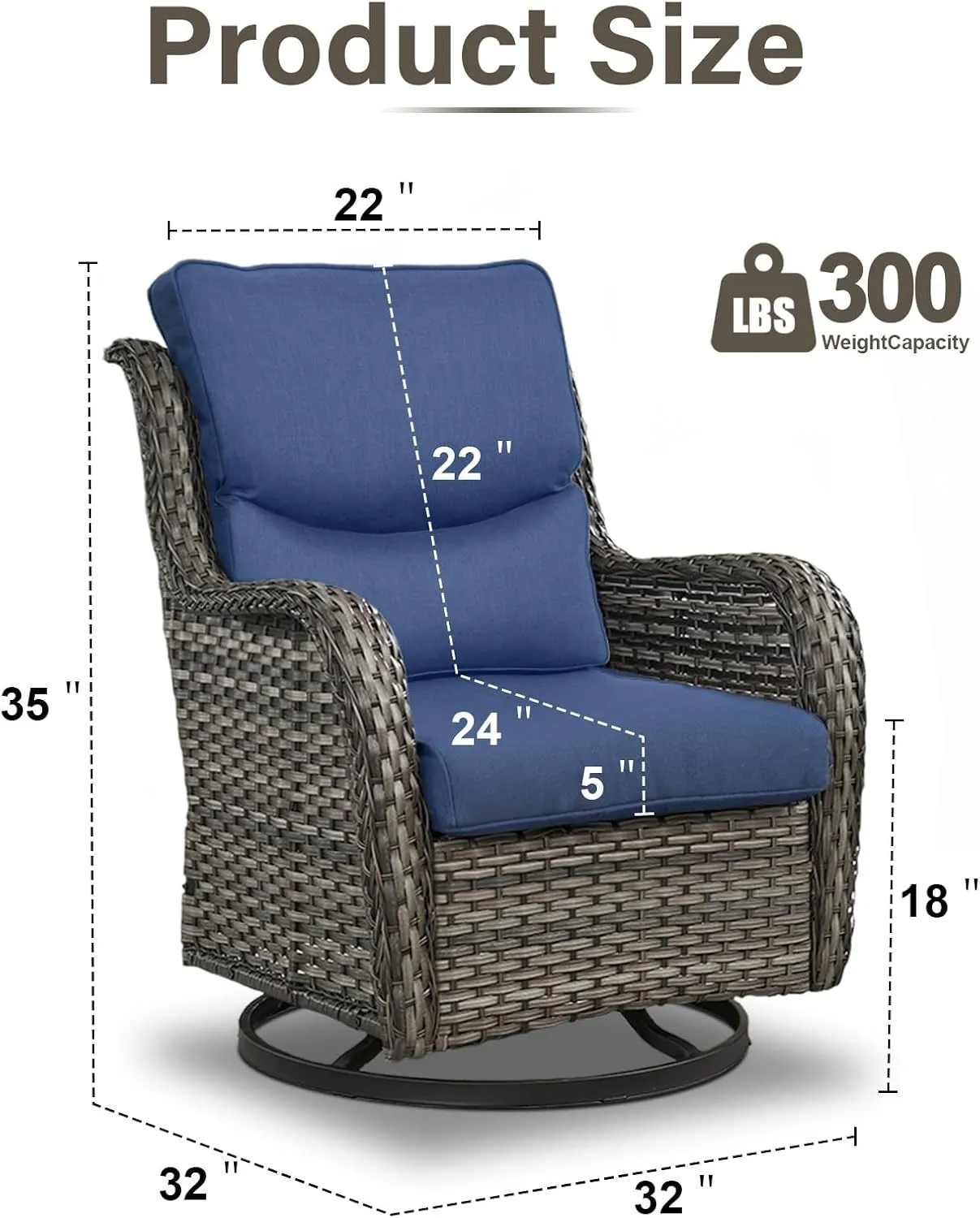 Swivel Patio Chairs Set of 2 with 5" Thick Cushion - Wicker Outdoor Swivel Rocker Patio Chairs, High Back Comfortable Outdoor Glider Chair for Balcony, Porch, Deck, Poolside - Gray/Blue