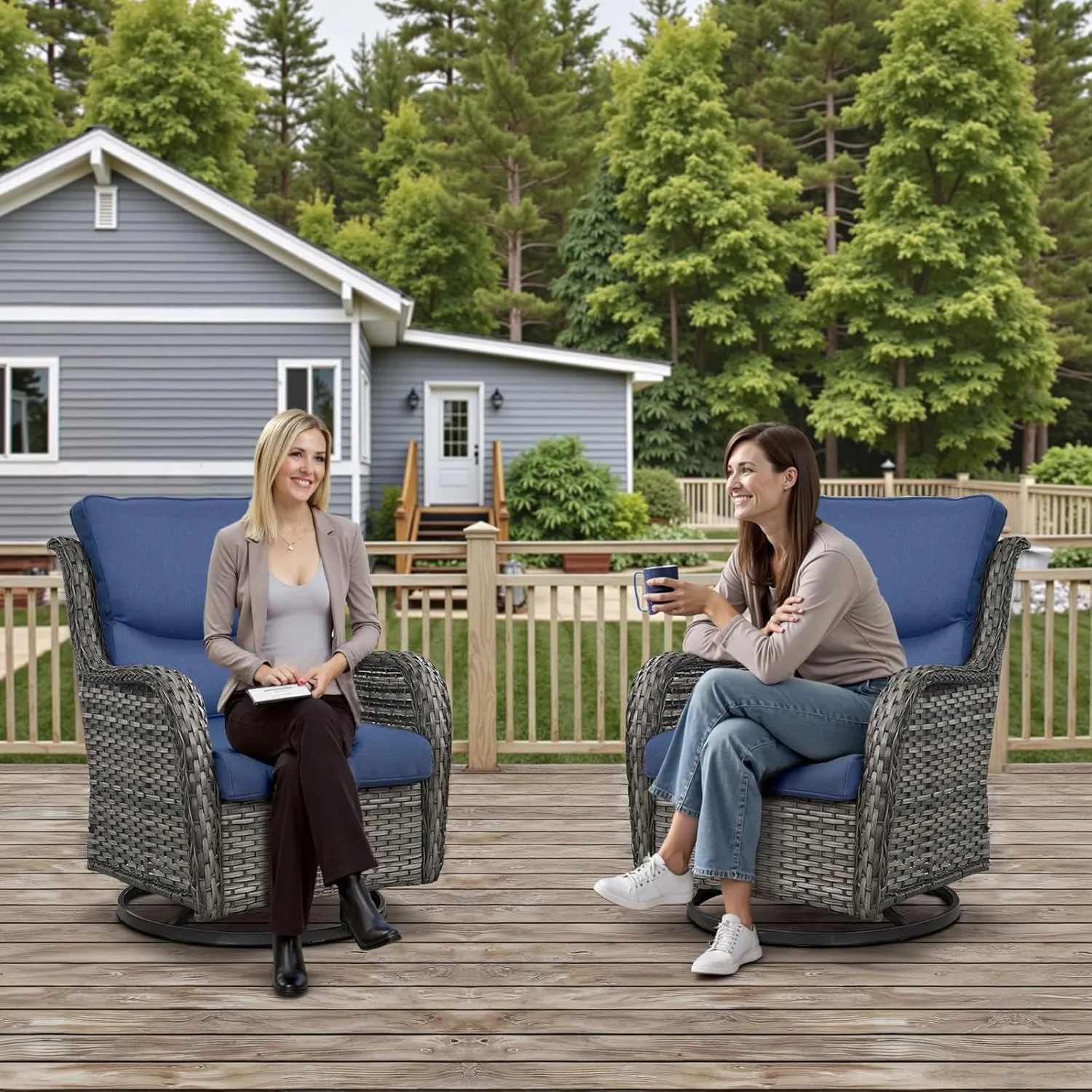 Swivel Patio Chairs Set of 2 with 5" Thick Cushion - Wicker Outdoor Swivel Rocker Patio Chairs, High Back Comfortable Outdoor Glider Chair for Balcony, Porch, Deck, Poolside - Gray/Blue