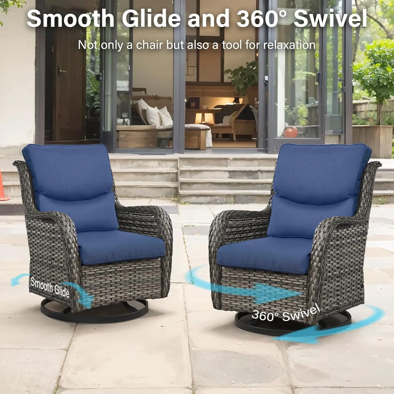 Swivel Patio Chairs Set of 2 with 5" Thick Cushion - Wicker Outdoor Swivel Rocker Patio Chairs, High Back Comfortable Outdoor Glider Chair for Balcony, Porch, Deck, Poolside - Gray/Blue