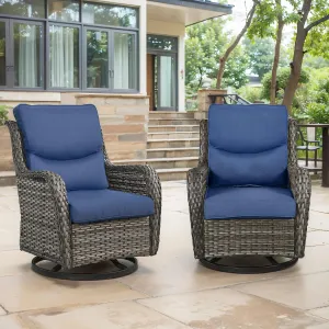 Swivel Patio Chairs Set of 2 with 5" Thick Cushion - Wicker Outdoor Swivel Rocker Patio Chairs, High Back Comfortable Outdoor Glider Chair for Balcony, Porch, Deck, Poolside - Gray/Blue
