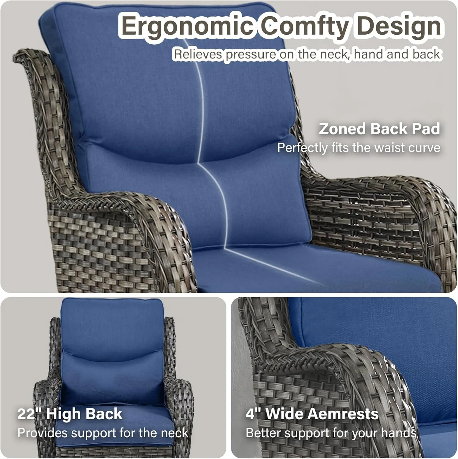 Swivel Patio Chairs Set of 2 with 5" Thick Cushion - Wicker Outdoor Swivel Rocker Patio Chairs, High Back Comfortable Outdoor Glider Chair for Balcony, Porch, Deck, Poolside - Gray/Blue