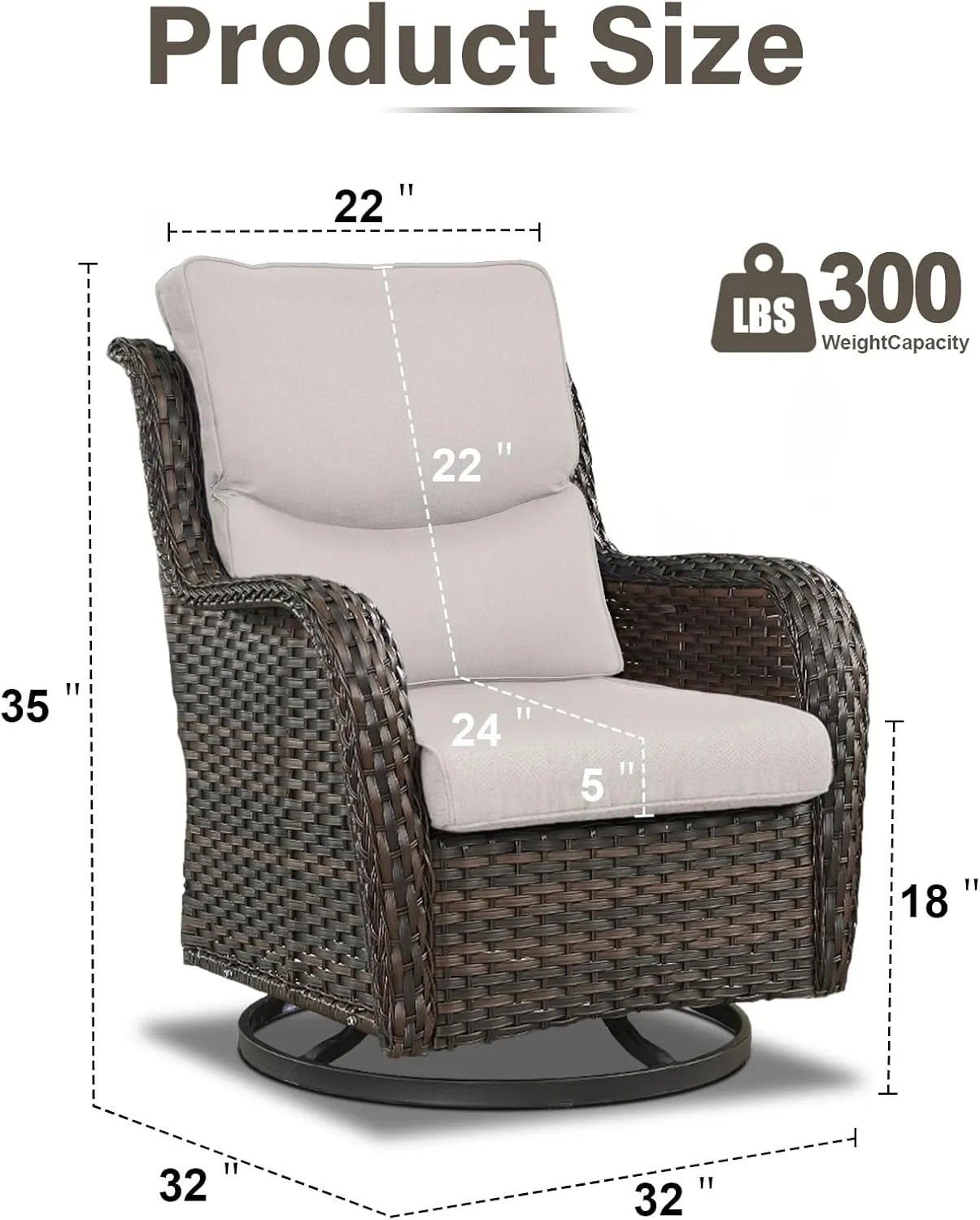 Swivel Patio Chairs Set of 2 with 5" Thick Cushion - Wicker Outdoor Swivel Rocker Patio Chairs, High Back Comfortable Outdoor Glider Chairs for Balcony, Porch, Deck, Poolside - Brown/Beige