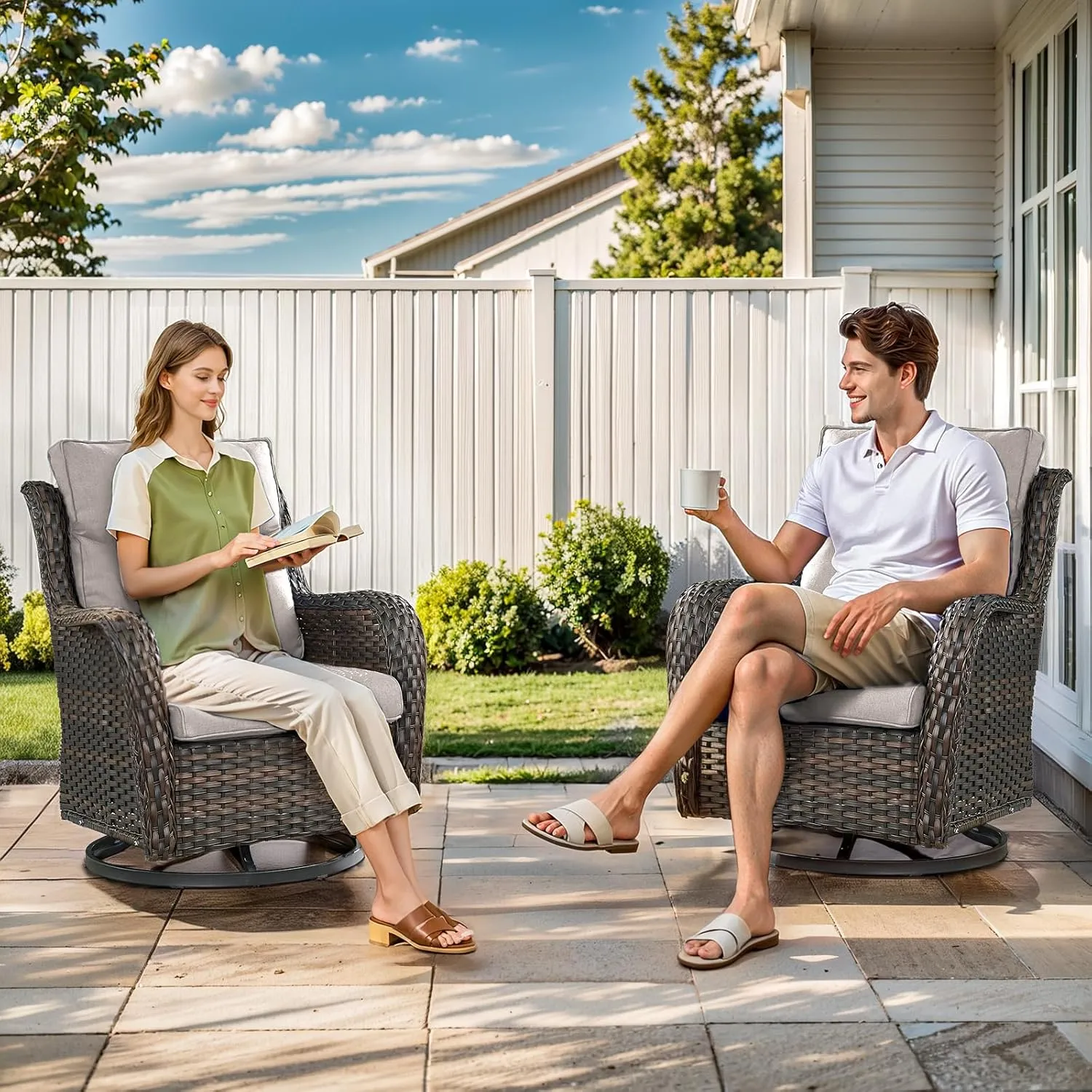Swivel Patio Chairs Set of 2 with 5" Thick Cushion - Wicker Outdoor Swivel Rocker Patio Chairs, High Back Comfortable Outdoor Glider Chairs for Balcony, Porch, Deck, Poolside - Brown/Beige
