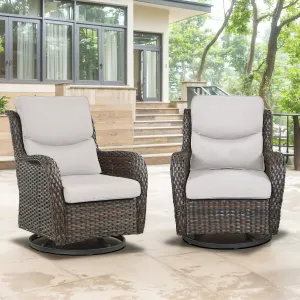 Swivel Patio Chairs Set of 2 with 5" Thick Cushion - Wicker Outdoor Swivel Rocker Patio Chairs, High Back Comfortable Outdoor Glider Chairs for Balcony, Porch, Deck, Poolside - Brown/Beige