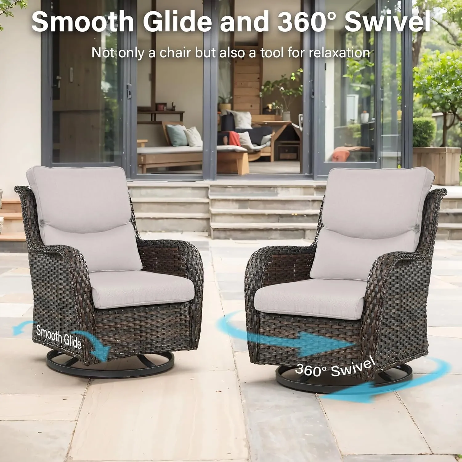 Swivel Patio Chairs Set of 2 with 5" Thick Cushion - Wicker Outdoor Swivel Rocker Patio Chairs, High Back Comfortable Outdoor Glider Chairs for Balcony, Porch, Deck, Poolside - Brown/Beige