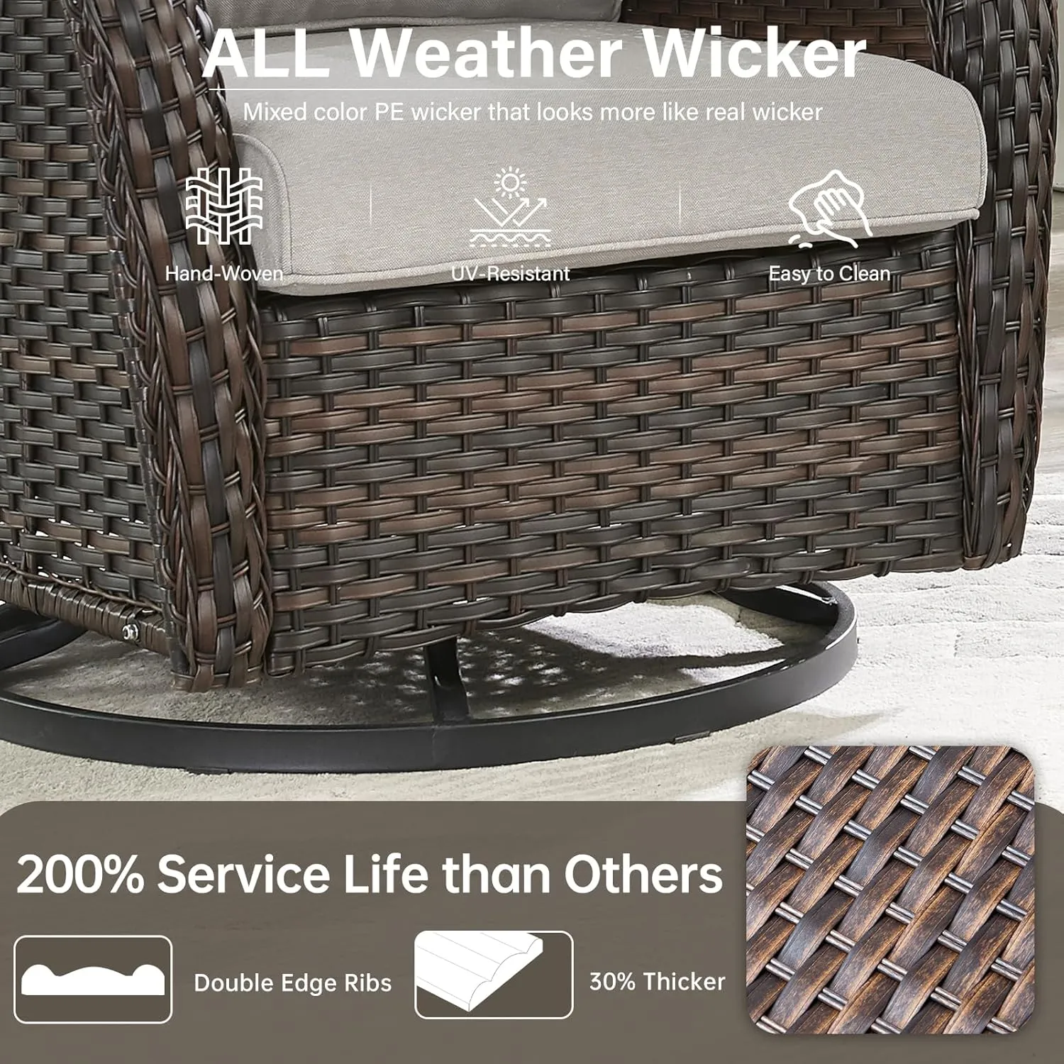 Swivel Patio Chairs Set of 2 with 5" Thick Cushion - Wicker Outdoor Swivel Rocker Patio Chairs, High Back Comfortable Outdoor Glider Chairs for Balcony, Porch, Deck, Poolside - Brown/Beige