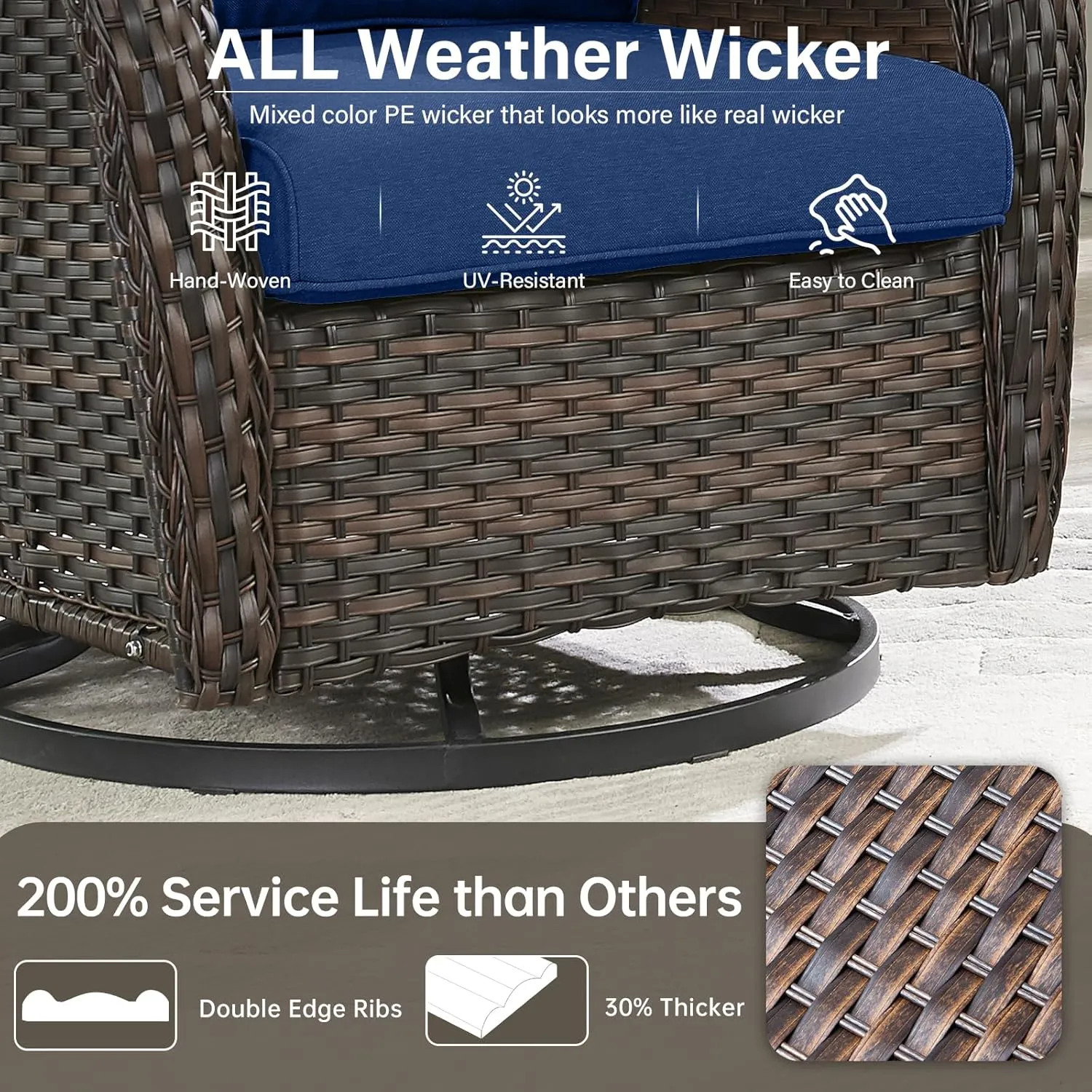 Swivel Patio Chairs Set of 2 with 5" Thick Cushion - Wicker Outdoor Swivel Rocker Patio Chairs, High Back Comfortable Outdoor Glider Chairs for Balcony, Porch, Deck, Poolside - Brown/Blue