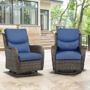 Swivel Patio Chairs Set of 2 with 5" Thick Cushion - Wicker Outdoor Swivel Rocker Patio Chairs, High Back Comfortable Outdoor Glider Chairs for Balcony, Porch, Deck, Poolside - Brown/Blue