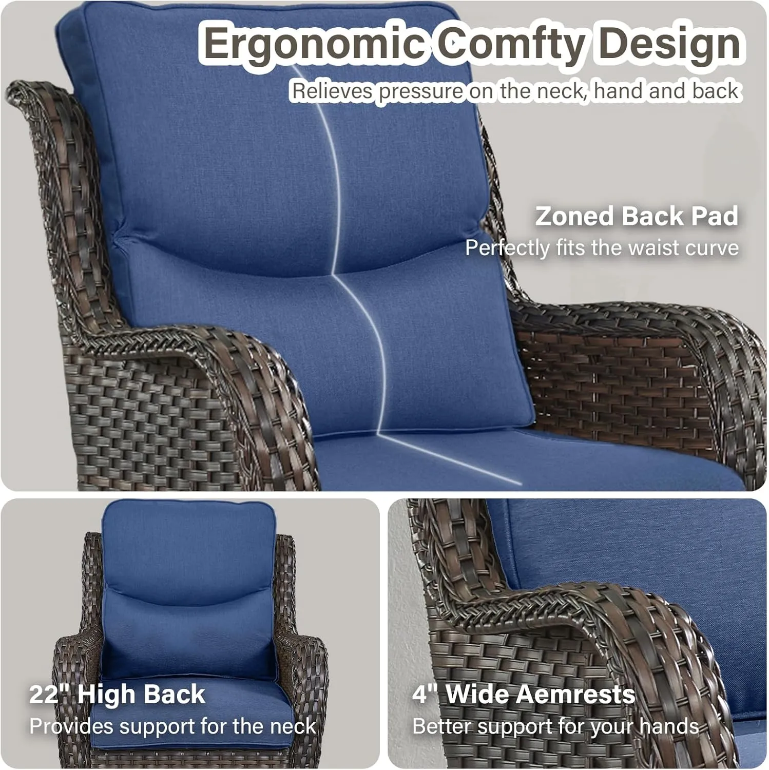 Swivel Patio Chairs Set of 2 with 5" Thick Cushion - Wicker Outdoor Swivel Rocker Patio Chairs, High Back Comfortable Outdoor Glider Chairs for Balcony, Porch, Deck, Poolside - Brown/Blue