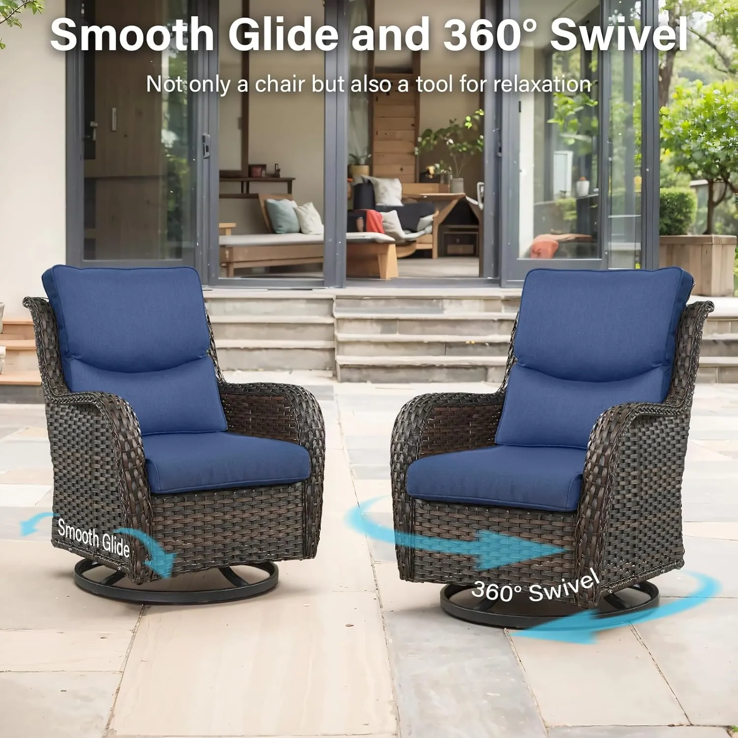 Swivel Patio Chairs Set of 2 with 5" Thick Cushion - Wicker Outdoor Swivel Rocker Patio Chairs, High Back Comfortable Outdoor Glider Chairs for Balcony, Porch, Deck, Poolside - Brown/Blue