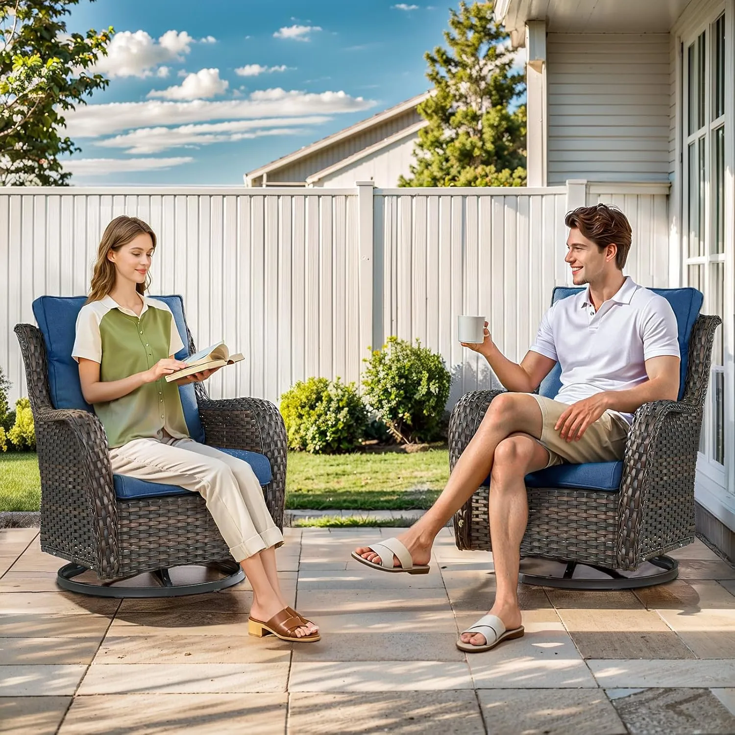 Swivel Patio Chairs Set of 2 with 5" Thick Cushion - Wicker Outdoor Swivel Rocker Patio Chairs, High Back Comfortable Outdoor Glider Chairs for Balcony, Porch, Deck, Poolside - Brown/Blue
