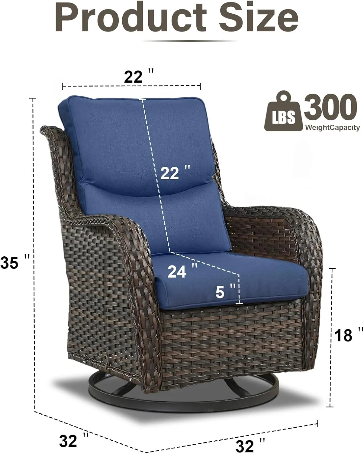 Swivel Patio Chairs Set of 2 with 5" Thick Cushion - Wicker Outdoor Swivel Rocker Patio Chairs, High Back Comfortable Outdoor Glider Chairs for Balcony, Porch, Deck, Poolside - Brown/Blue