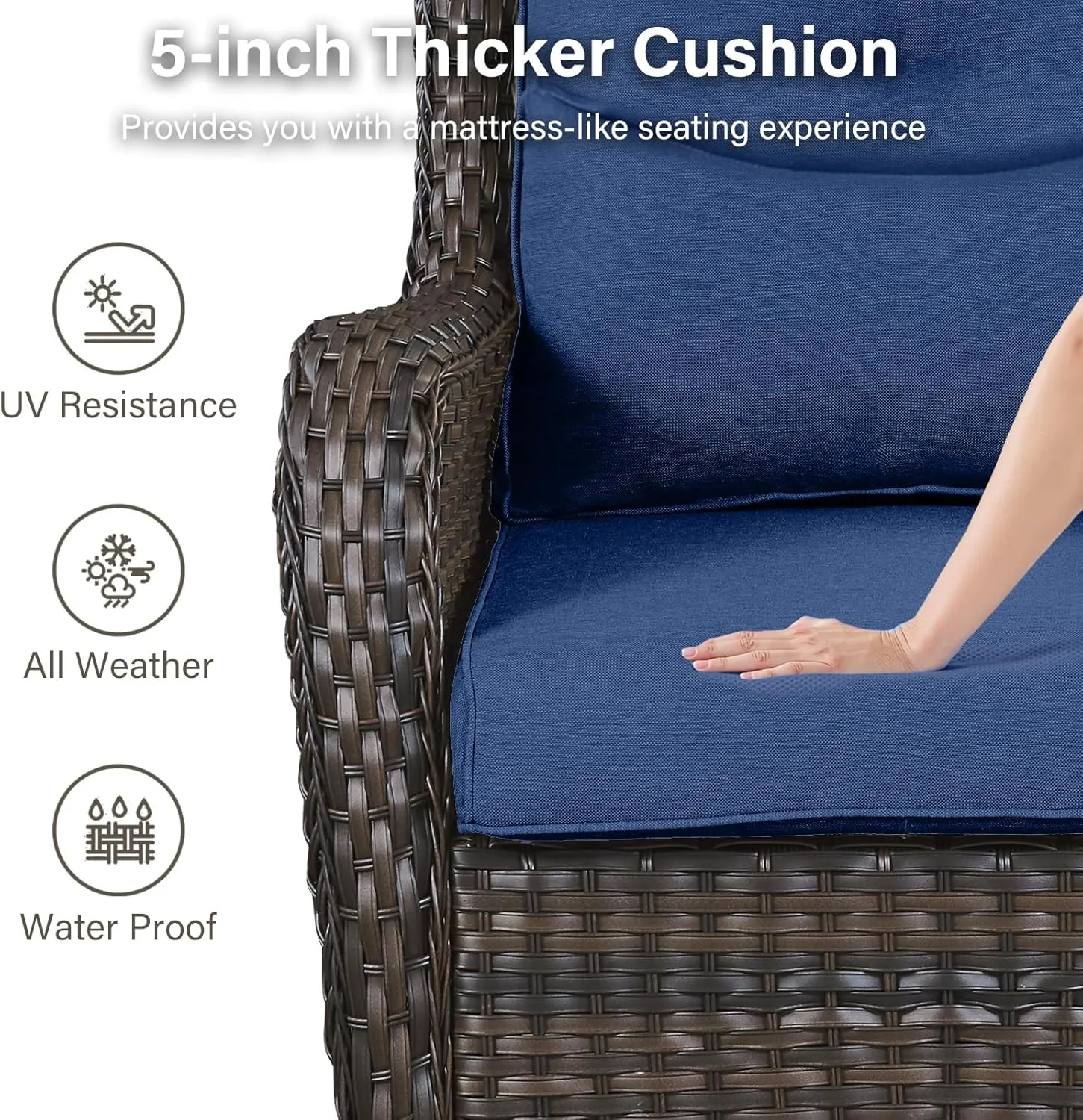 Swivel Patio Chairs Set of 2 with 5" Thick Cushion - Wicker Outdoor Swivel Rocker Patio Chairs, High Back Comfortable Outdoor Glider Chairs for Balcony, Porch, Deck, Poolside - Brown/Blue
