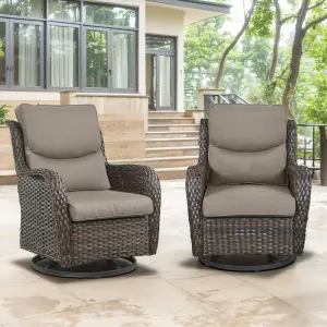 Swivel Patio Chairs Set of 2 with 5" Thick Cushion - Wicker Outdoor Swivel Rocker Patio Chairs, High Back Comfortable Outdoor Glider Chairs for Balcony, Porch, Deck, Poolside - Brown/Gray