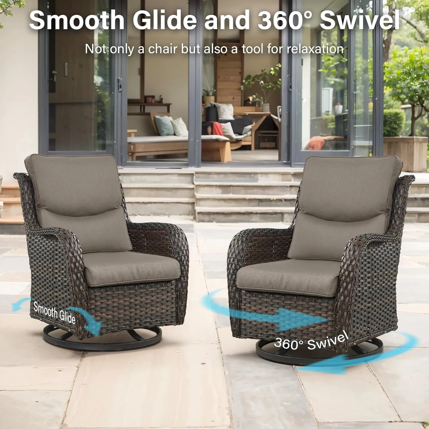 Swivel Patio Chairs Set of 2 with 5" Thick Cushion - Wicker Outdoor Swivel Rocker Patio Chairs, High Back Comfortable Outdoor Glider Chairs for Balcony, Porch, Deck, Poolside - Brown/Gray