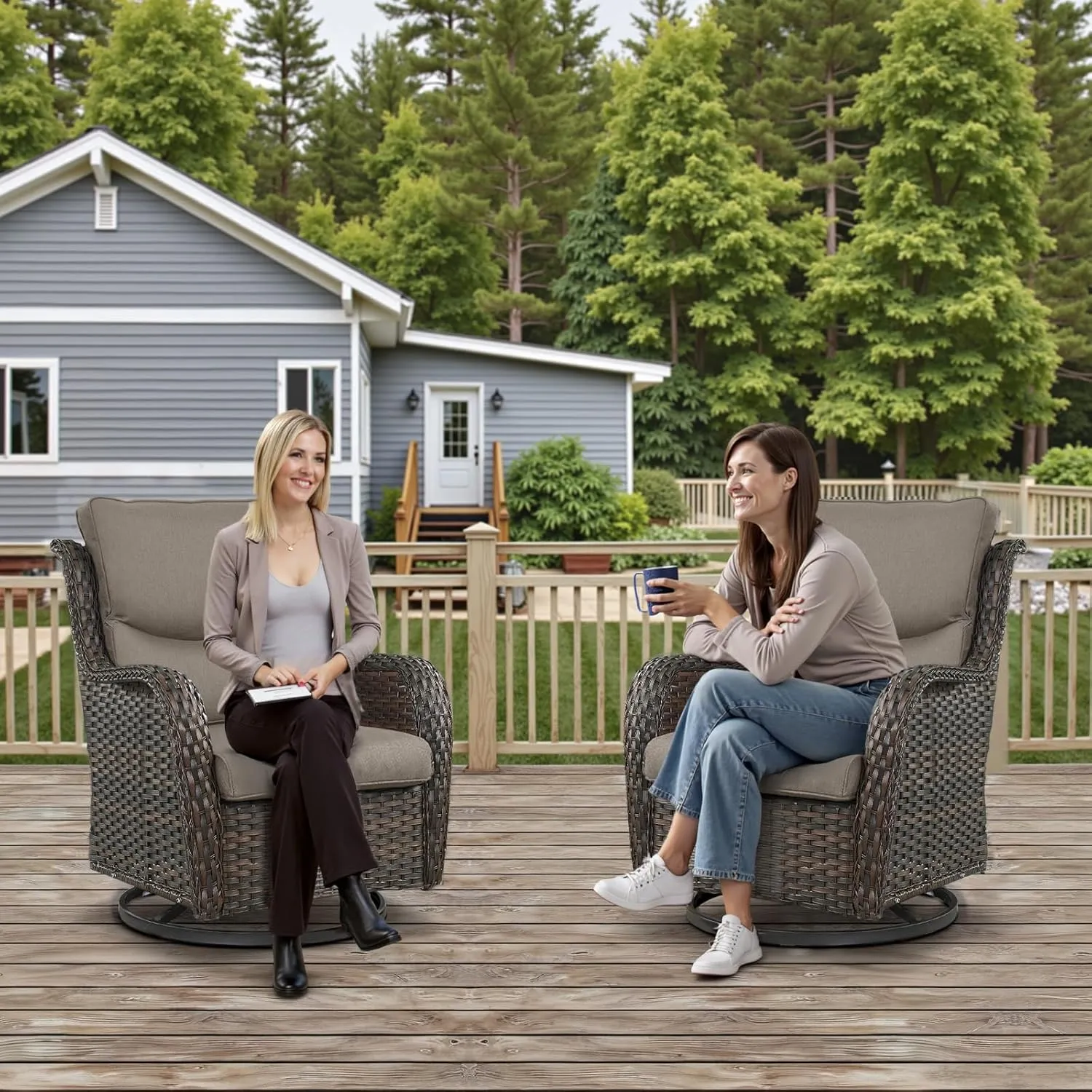 Swivel Patio Chairs Set of 2 with 5" Thick Cushion - Wicker Outdoor Swivel Rocker Patio Chairs, High Back Comfortable Outdoor Glider Chairs for Balcony, Porch, Deck, Poolside - Brown/Gray