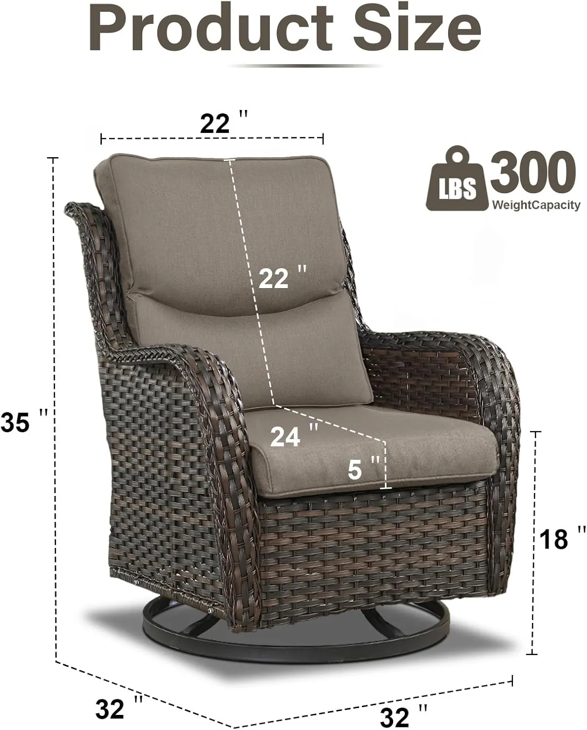 Swivel Patio Chairs Set of 2 with 5" Thick Cushion - Wicker Outdoor Swivel Rocker Patio Chairs, High Back Comfortable Outdoor Glider Chairs for Balcony, Porch, Deck, Poolside - Brown/Gray