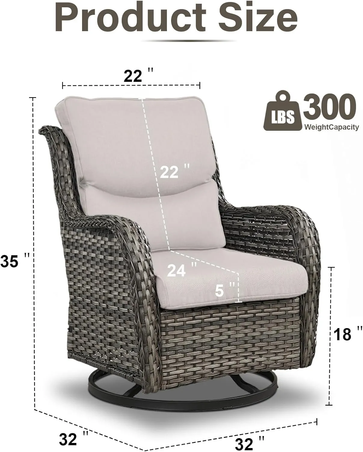 Swivel Patio Chairs Set of 2 with 5" Thick Cushion - Wicker Outdoor Swivel Rocker Patio Chairs, High Back Comfortable Outdoor Glider Chairs for Balcony, Porch, Deck, Poolside - Gray/Beige