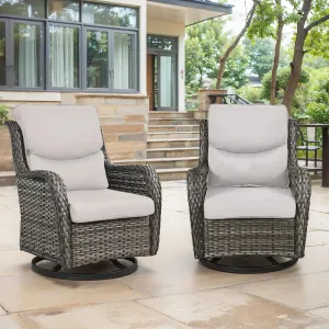Swivel Patio Chairs Set of 2 with 5" Thick Cushion - Wicker Outdoor Swivel Rocker Patio Chairs, High Back Comfortable Outdoor Glider Chairs for Balcony, Porch, Deck, Poolside - Gray/Beige