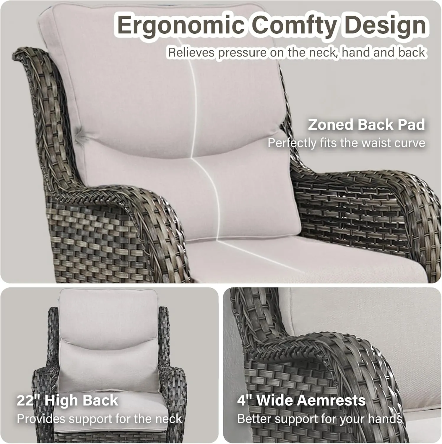 Swivel Patio Chairs Set of 2 with 5" Thick Cushion - Wicker Outdoor Swivel Rocker Patio Chairs, High Back Comfortable Outdoor Glider Chairs for Balcony, Porch, Deck, Poolside - Gray/Beige