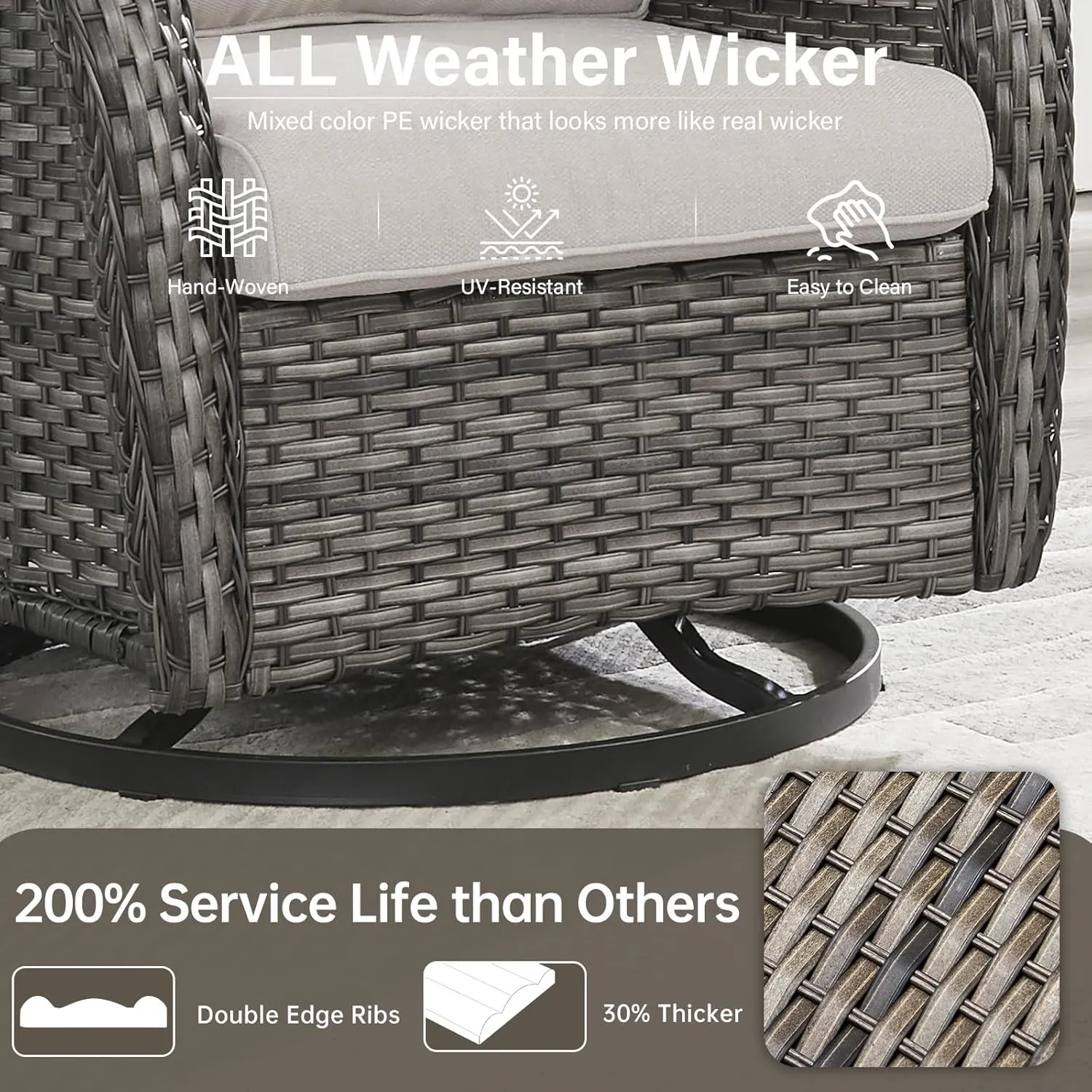 Swivel Patio Chairs Set of 2 with 5" Thick Cushion - Wicker Outdoor Swivel Rocker Patio Chairs, High Back Comfortable Outdoor Glider Chairs for Balcony, Porch, Deck, Poolside - Gray/Beige