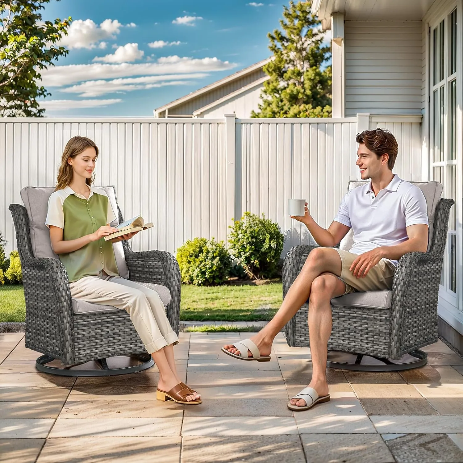 Swivel Patio Chairs Set of 2 with 5" Thick Cushion - Wicker Outdoor Swivel Rocker Patio Chairs, High Back Comfortable Outdoor Glider Chairs for Balcony, Porch, Deck, Poolside - Gray/Beige