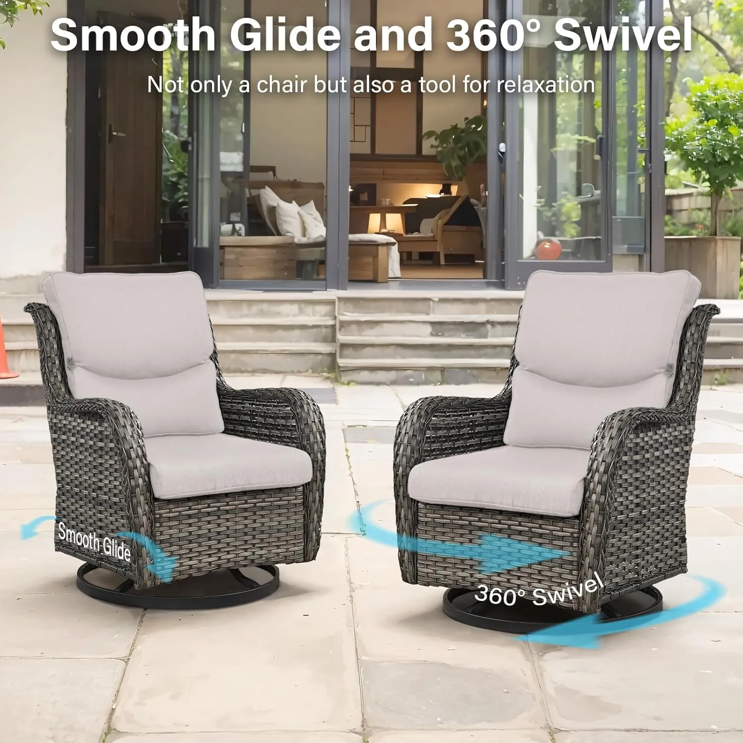 Swivel Patio Chairs Set of 2 with 5" Thick Cushion - Wicker Outdoor Swivel Rocker Patio Chairs, High Back Comfortable Outdoor Glider Chairs for Balcony, Porch, Deck, Poolside - Gray/Beige