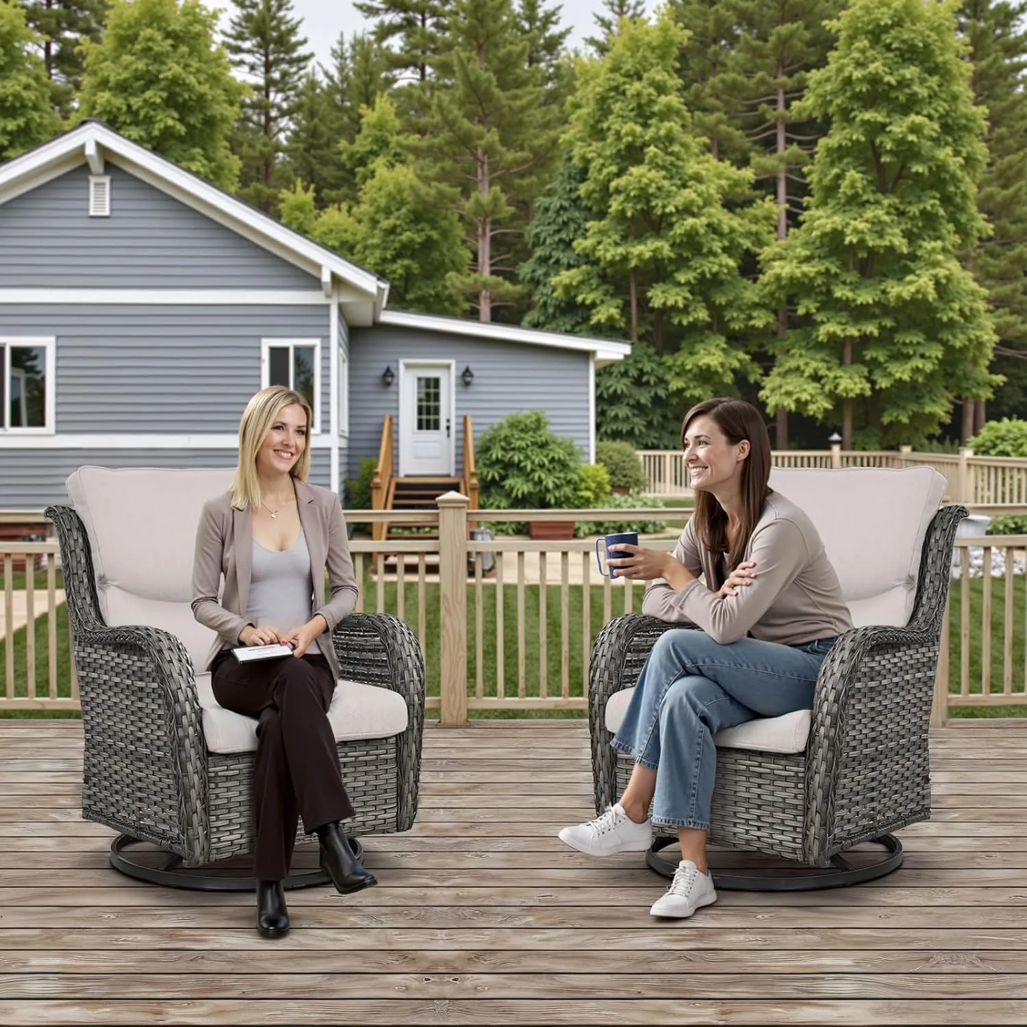 Swivel Patio Chairs Set of 2 with 5" Thick Cushion - Wicker Outdoor Swivel Rocker Patio Chairs, High Back Comfortable Outdoor Glider Chairs for Balcony, Porch, Deck, Poolside - Gray/Beige