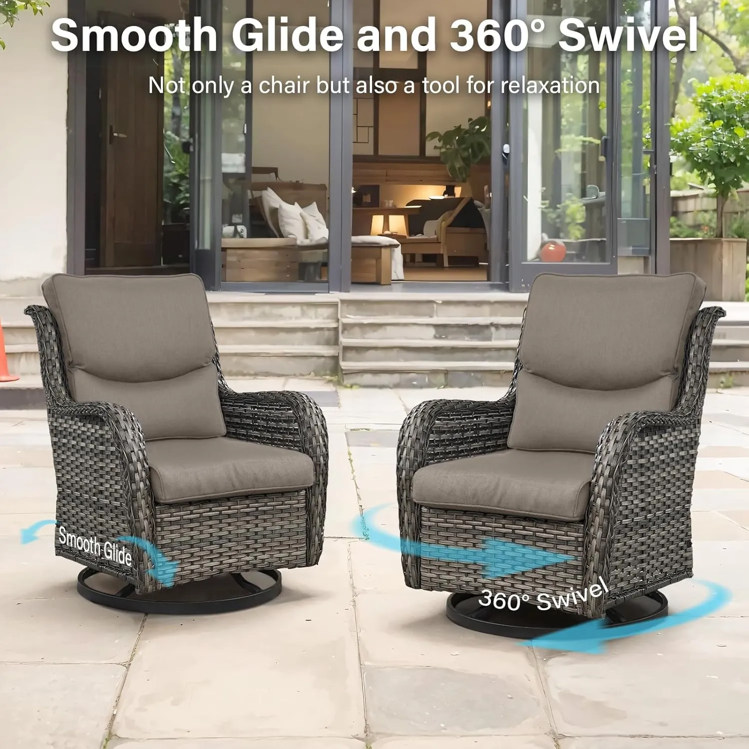 Swivel Patio Chairs Set of 2 with 5" Thick Cushion - Wicker Outdoor Swivel Rocker Patio Chairs, High Back Comfortable Outdoor Glider Chairs for Balcony, Porch, Deck, Poolside - Gray/Gray