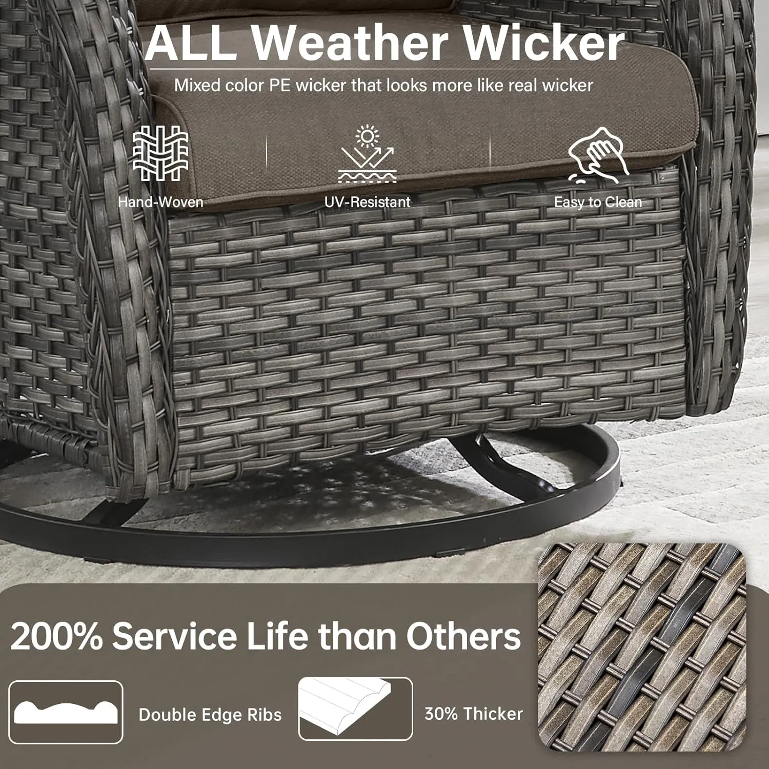 Swivel Patio Chairs Set of 2 with 5" Thick Cushion - Wicker Outdoor Swivel Rocker Patio Chairs, High Back Comfortable Outdoor Glider Chairs for Balcony, Porch, Deck, Poolside - Gray/Gray